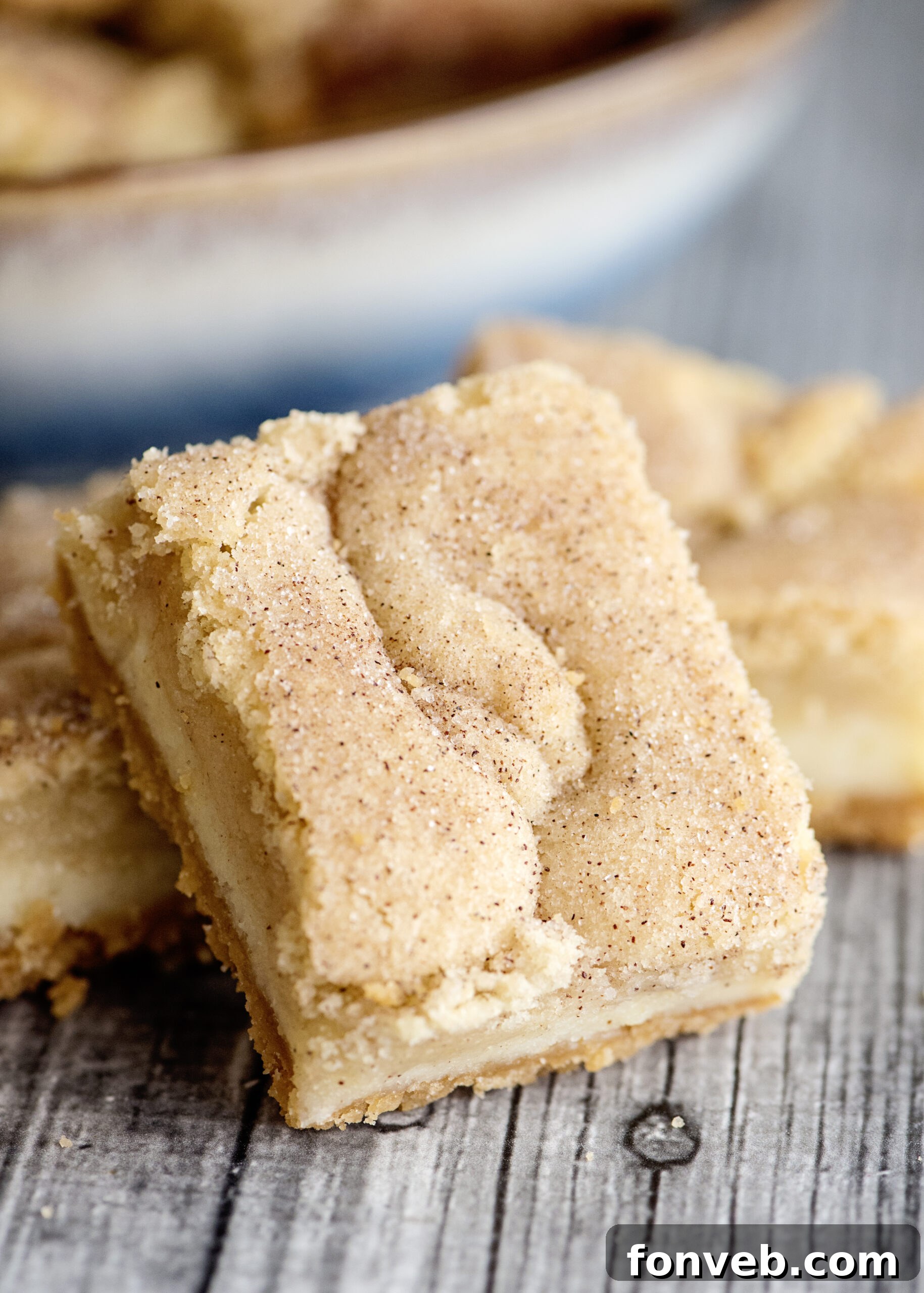 Close-up of golden brown Snickerdoodle Cheesecake Bars with visible cinnamon sugar