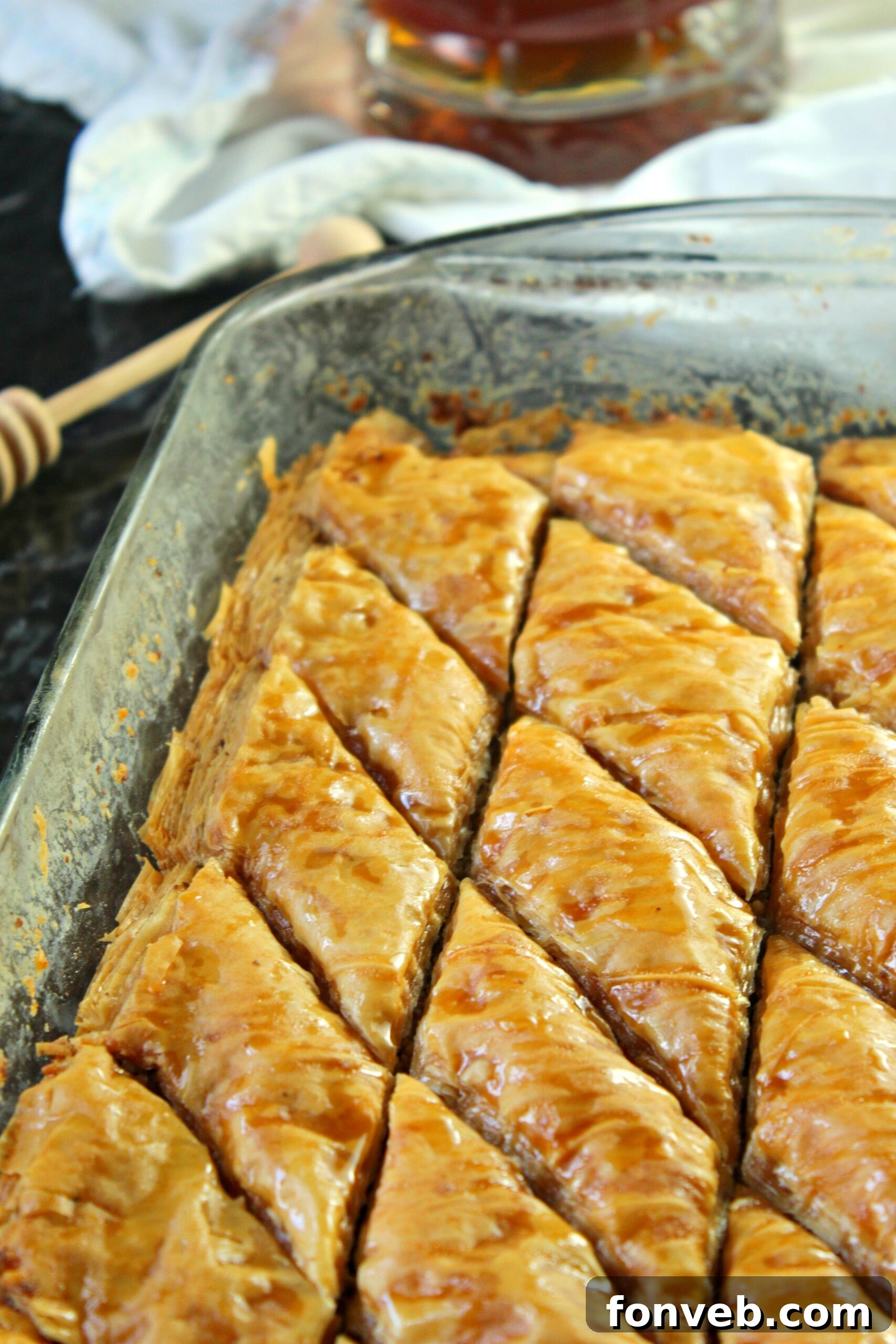 Grandma's Baklava 4 Baked baklava in a pan, cut into diamond shapes