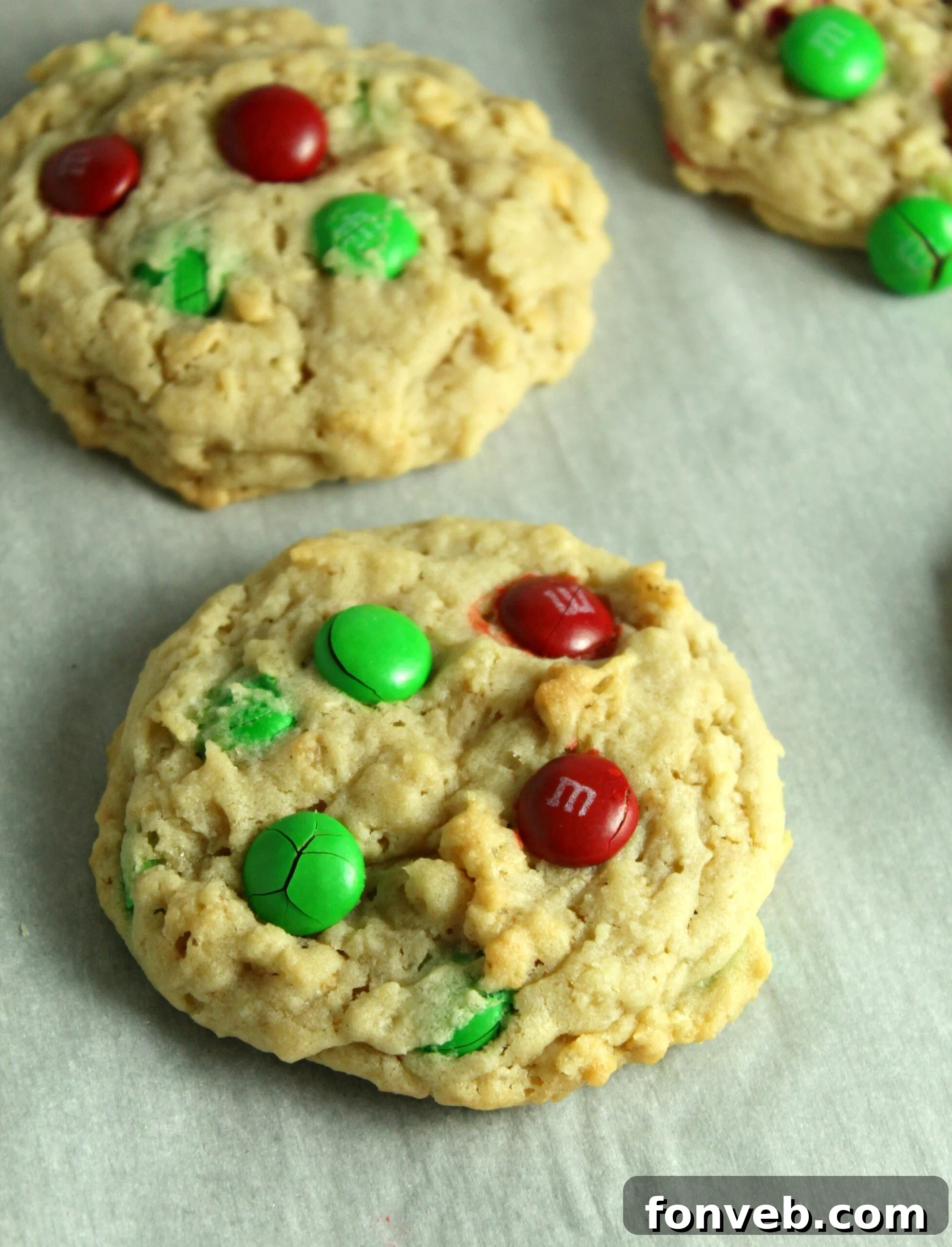 A charming close-up of Rice Krispie M&M Cookies, showcasing their delightful texture.