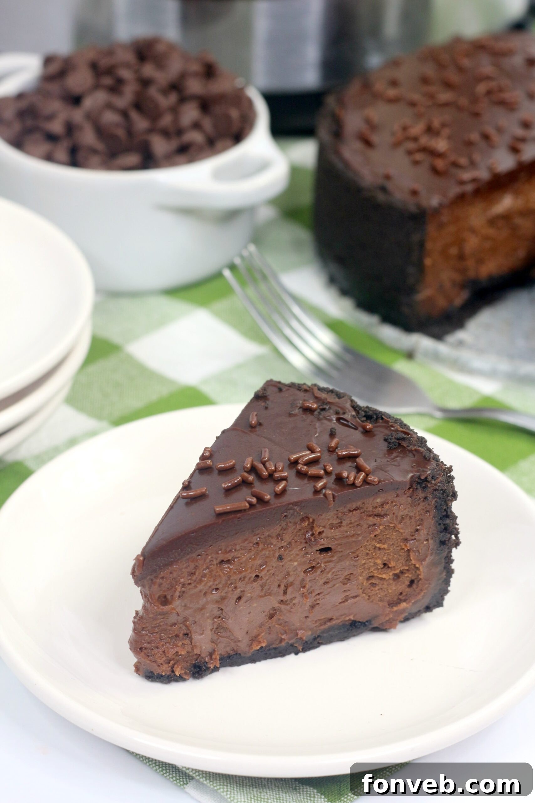 Close-up of the rich chocolate cheesecake filling before cooking