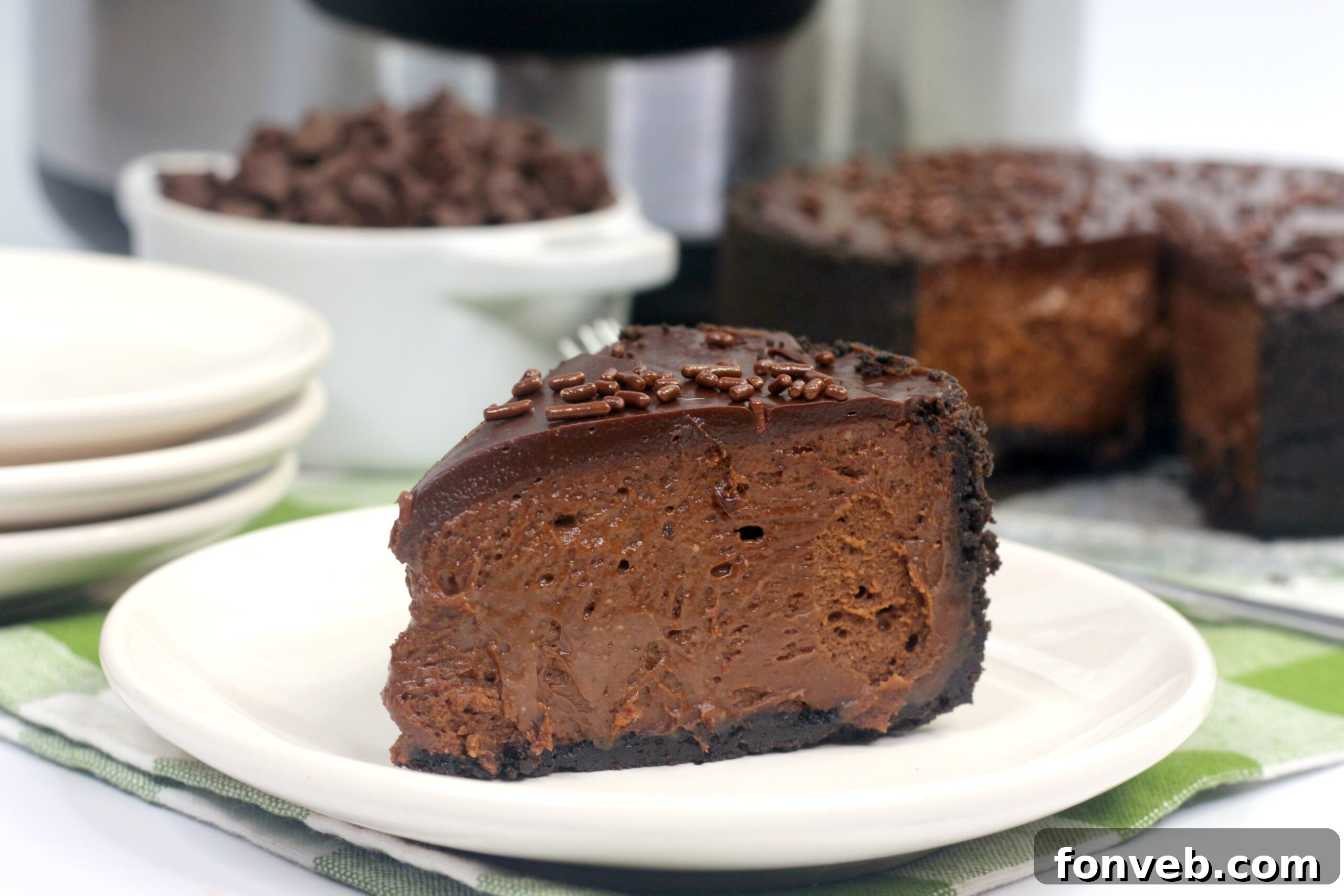 Chilled Instant Pot chocolate cheesecake before ganache topping