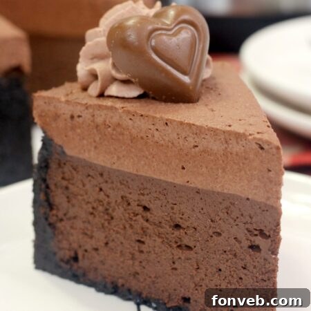 Final plated Triple Chocolate Layered Godiva Cheesecake