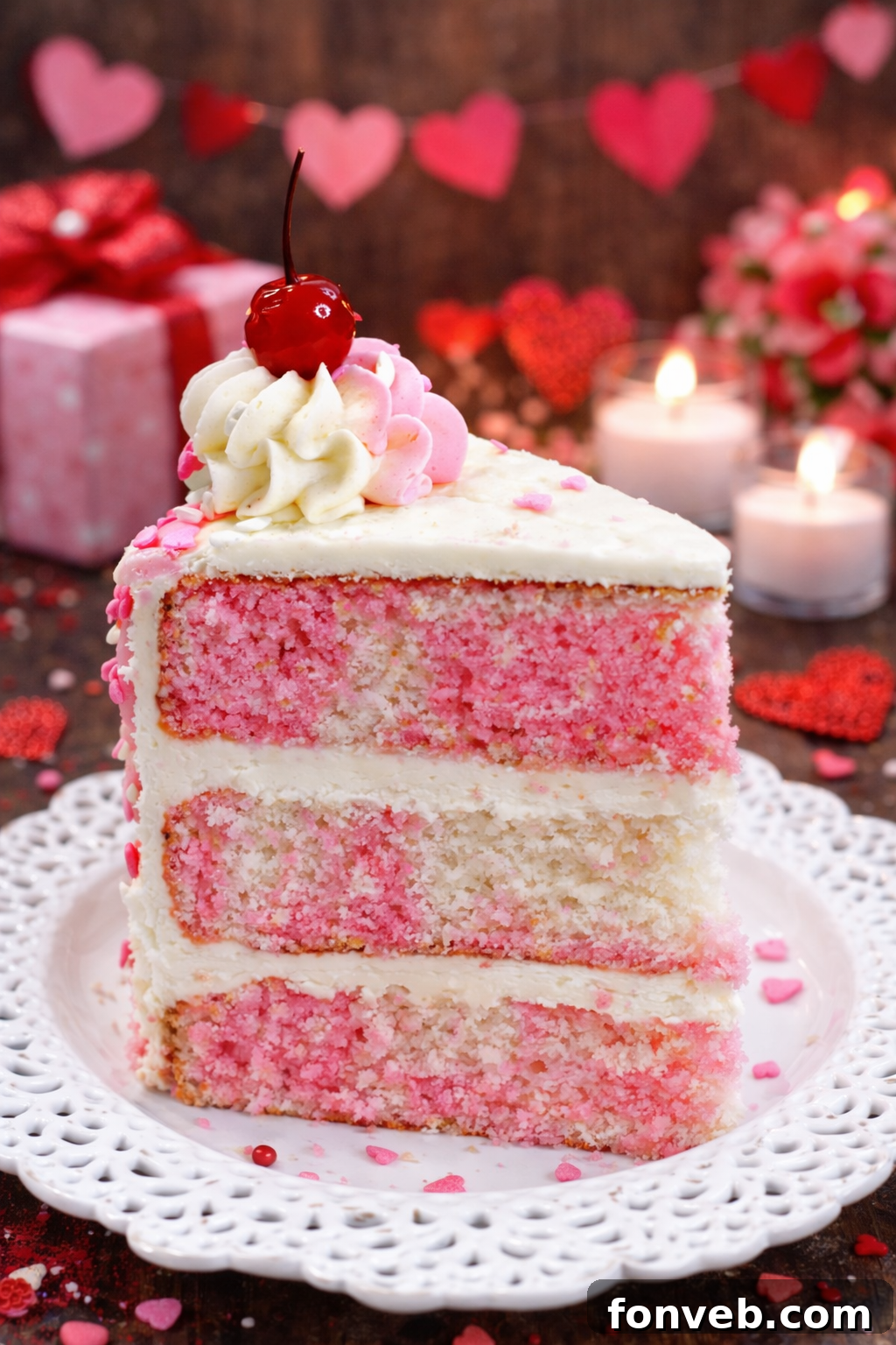 Beautifully decorated Valentine’s Day Love Cake with vanilla buttercream on a pristine white plate, adorned with heart sprinkles.