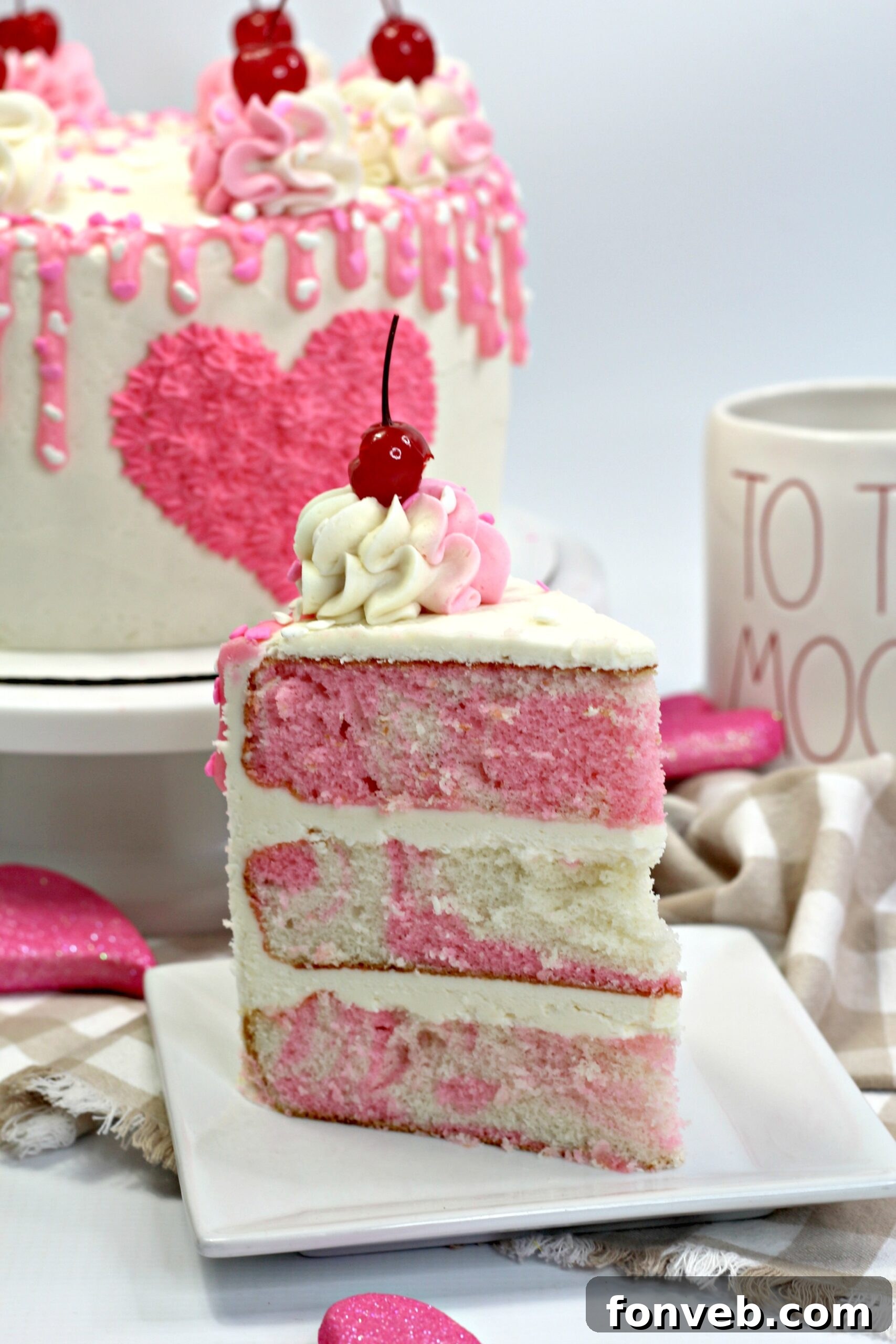 A beautifully presented slice of Valentine’s Day Love Cake, showcasing its moist texture and perfect frosting layers.