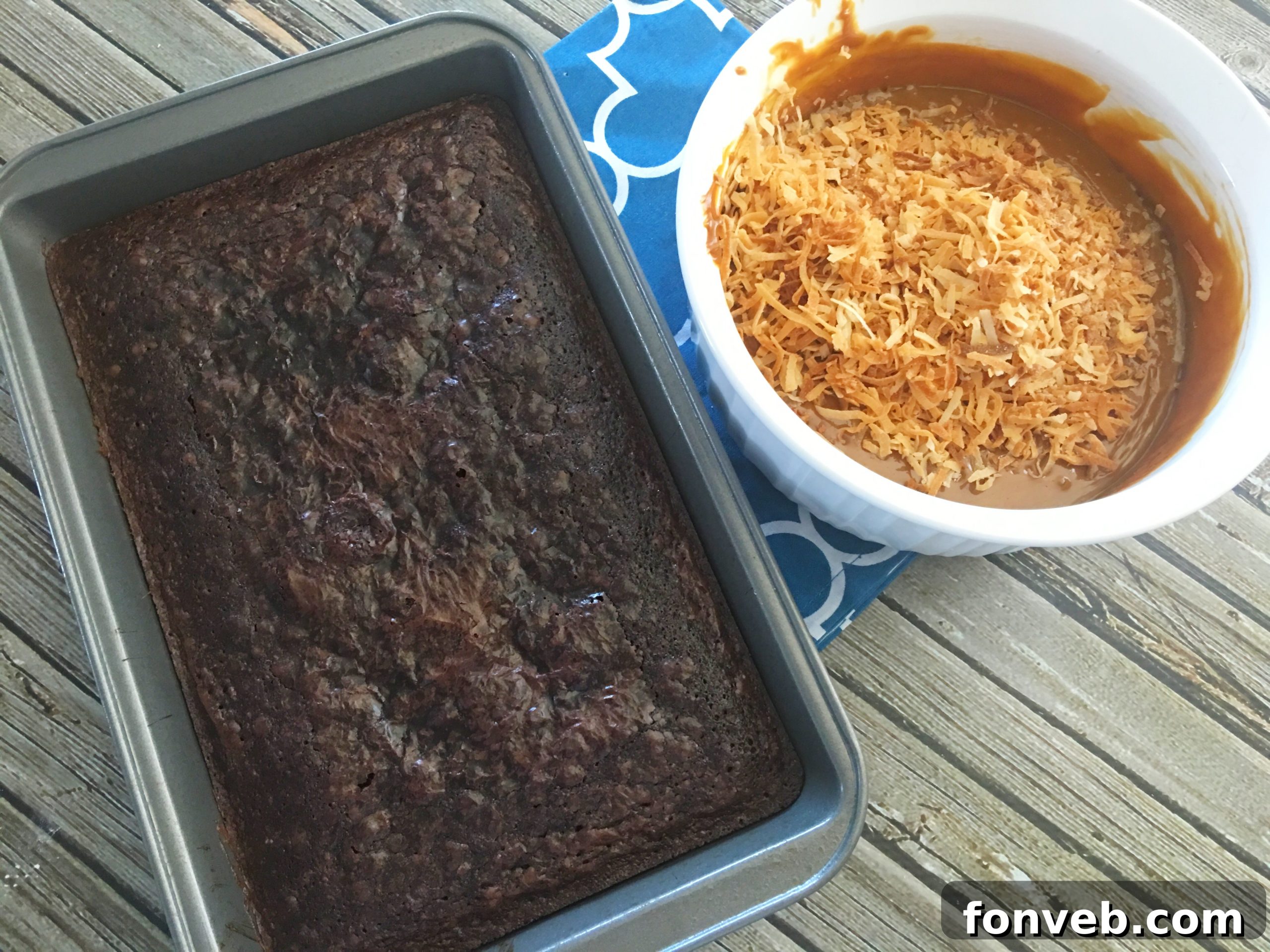 Island Caramel Coconut Dream Brownies 4 Samoa Brownies freshly baked in a pan