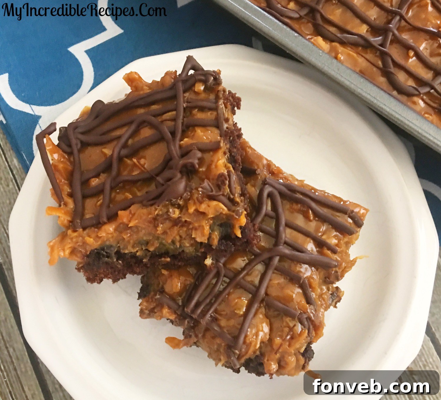 Island Caramel Coconut Dream Brownies 10 Close-up of a Samoan Brownie stack