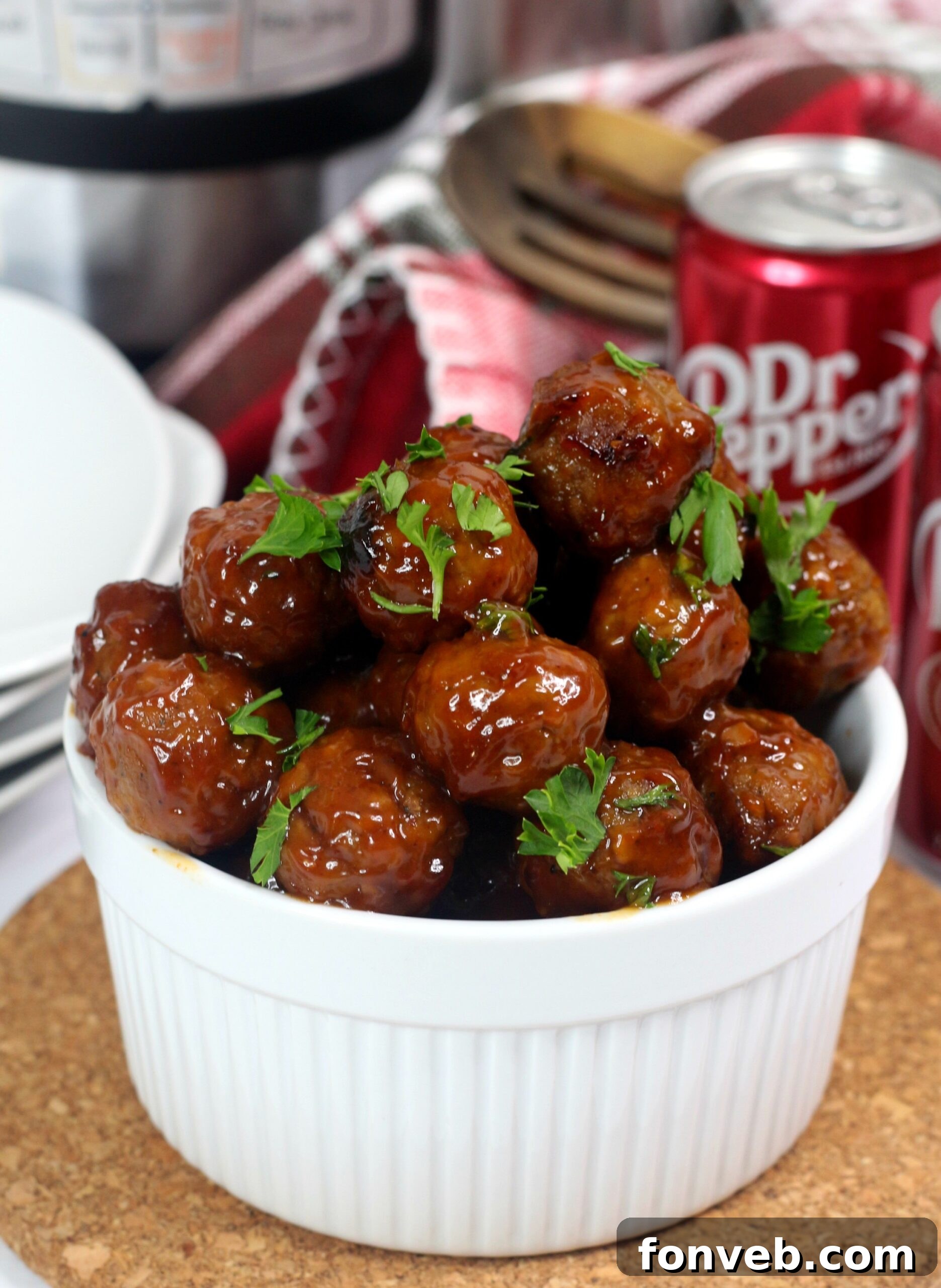Close-up view of Dr Pepper Meatballs ready to be served from the Instant Pot