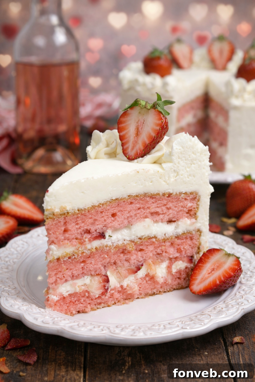 Moscato Infused Strawberry Cake with Cream Cheese Buttercream 2 A beautifully sliced Strawberry Moscato Cake with Cream Cheese Buttercream Frosting on a white plate, showcasing its moist layers and fresh strawberries.