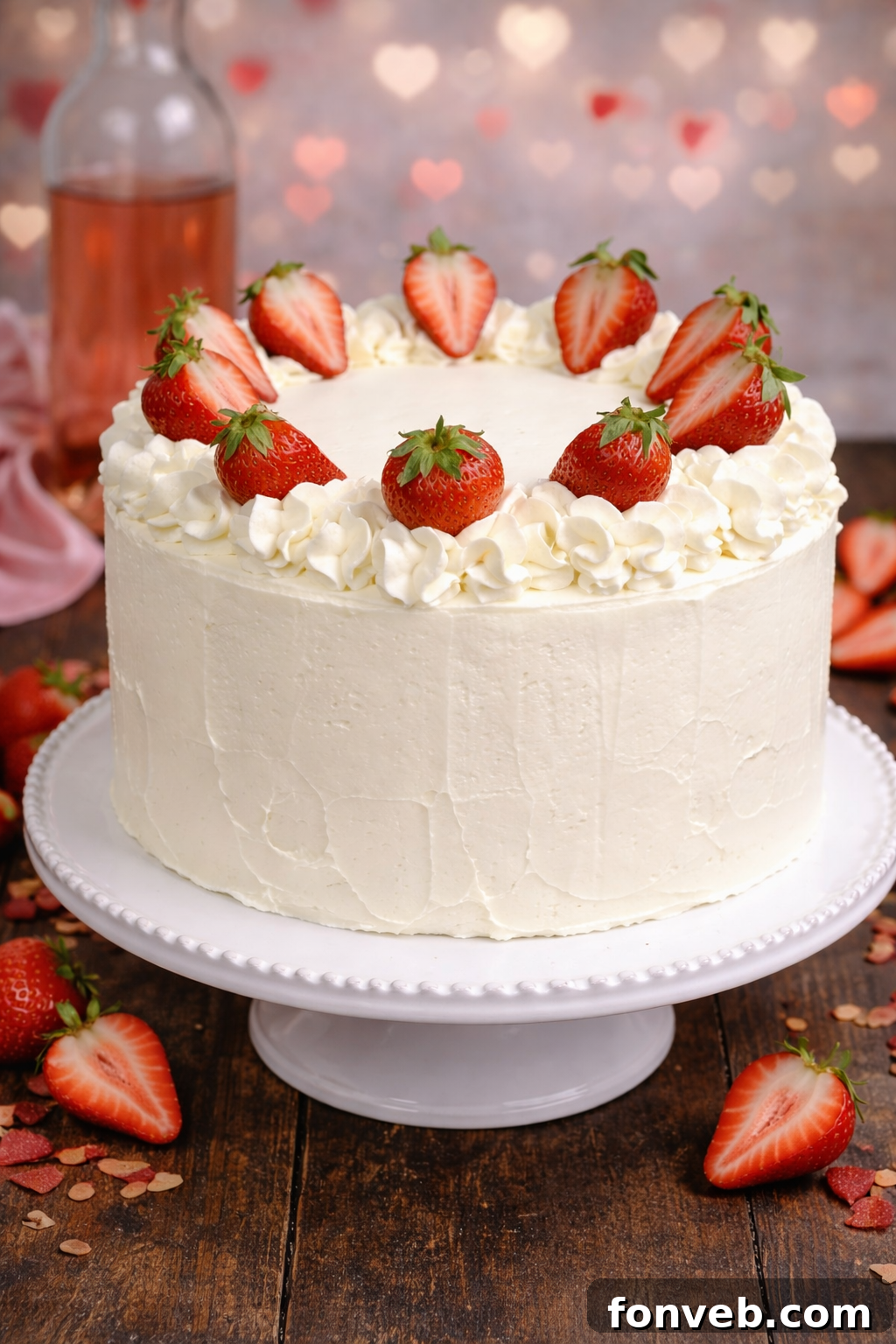 Moscato Infused Strawberry Cake with Cream Cheese Buttercream 4 A Strawberry Moscato Cake with Cream Cheese Buttercream Frosting, whole and uncut, adorned with fresh strawberries.