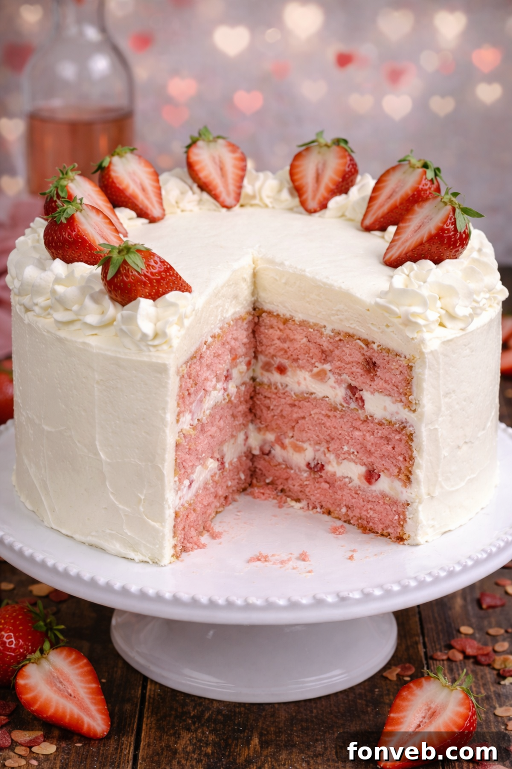 Moscato Infused Strawberry Cake with Cream Cheese Buttercream 6 A slice removed from the Strawberry Moscato Cake with Cream Cheese Buttercream Frosting on a white cake platter, showing the layered structure.