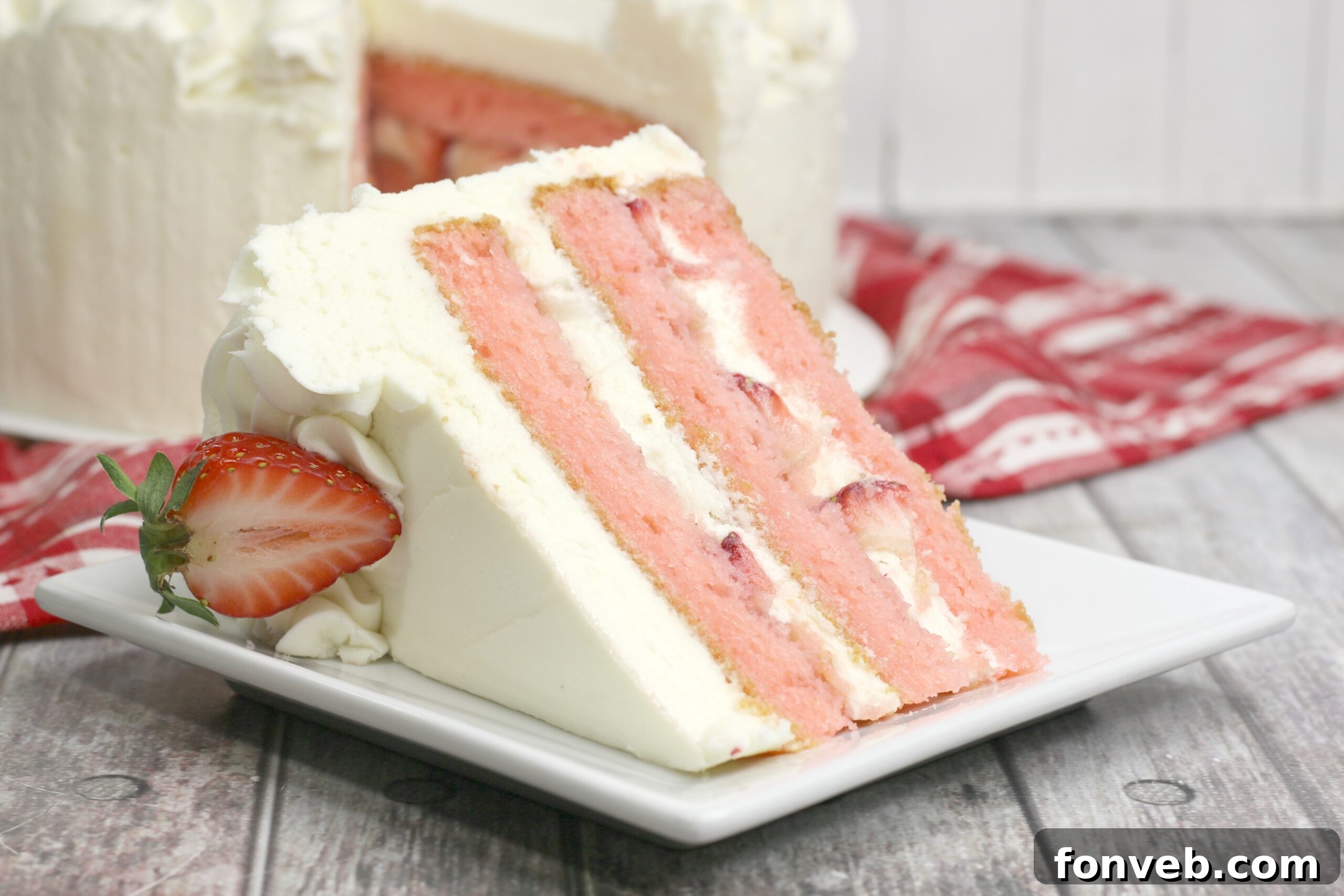 Moscato Infused Strawberry Cake with Cream Cheese Buttercream 10 Another beautiful shot of the Strawberry Moscato Cake, perfect for any occasion.