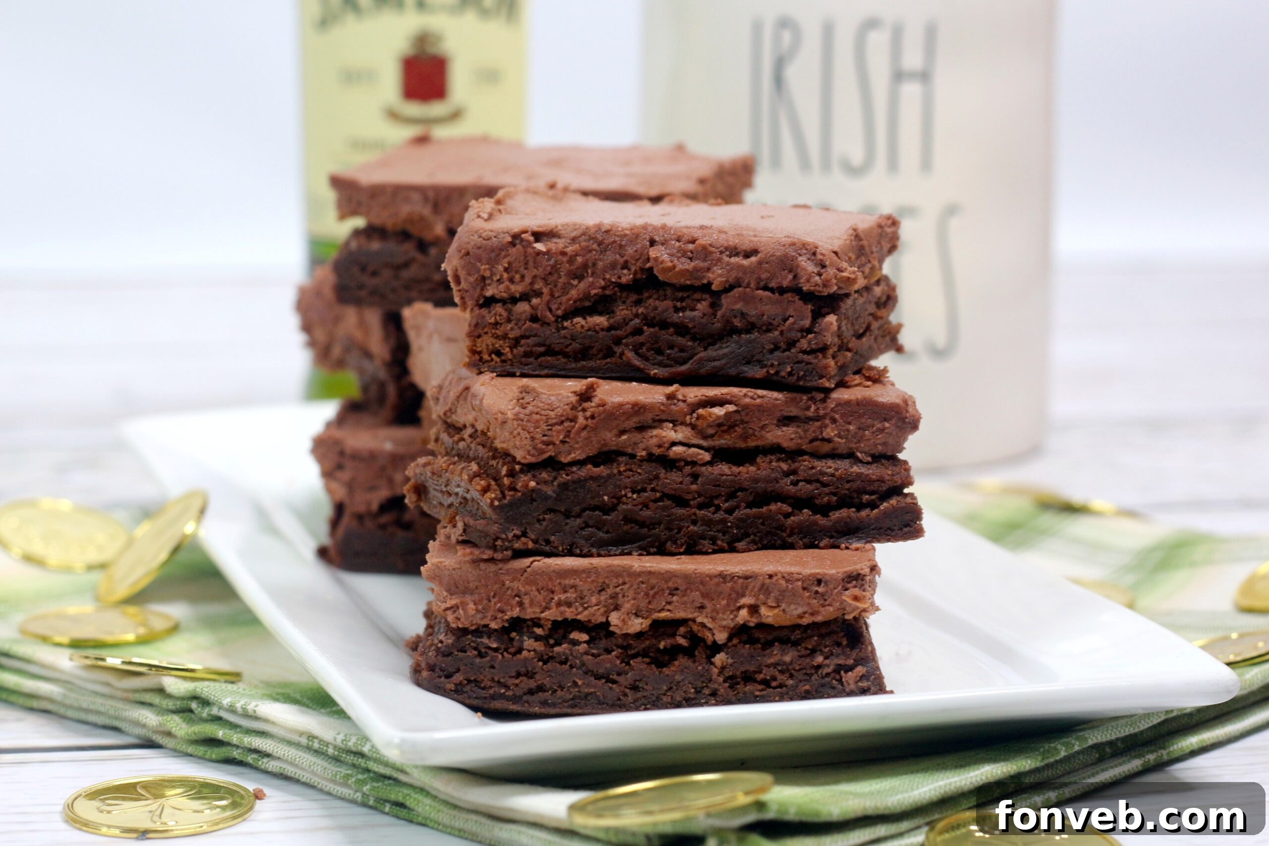 A batch of freshly baked Irish Fudge Brownies topped with chocolate whiskey buttercream
