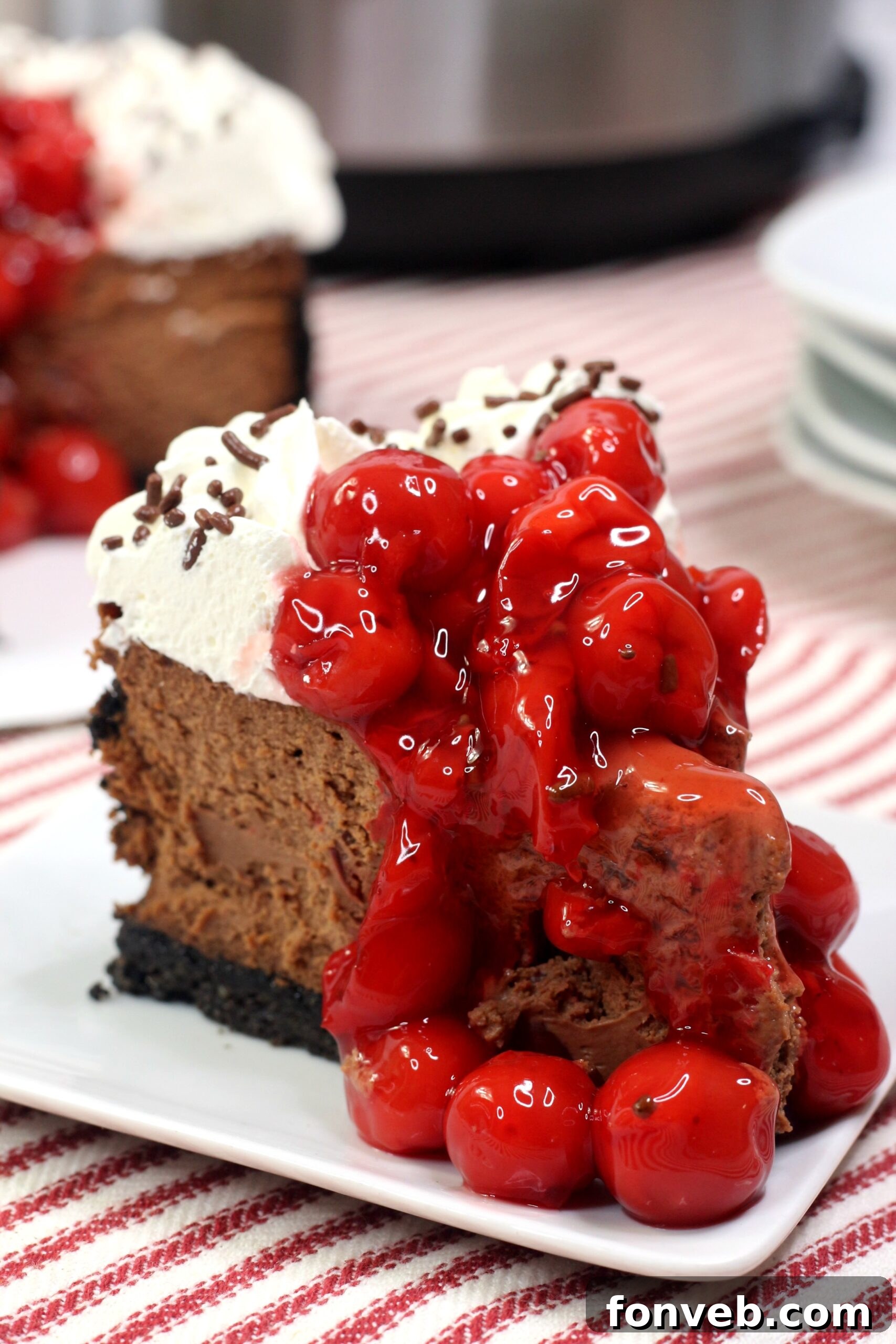 Black Forest Chocolate Cheesecake, beautifully garnished and ready to serve