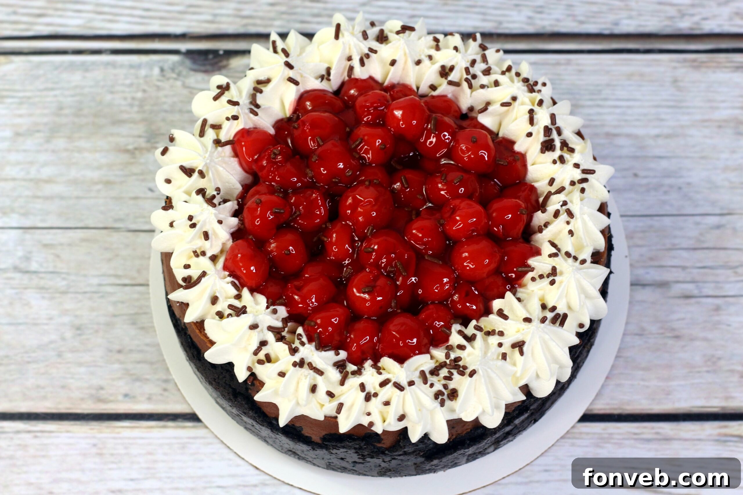 Black Forest Chocolate Cheesecake, showing its decadent layers before serving