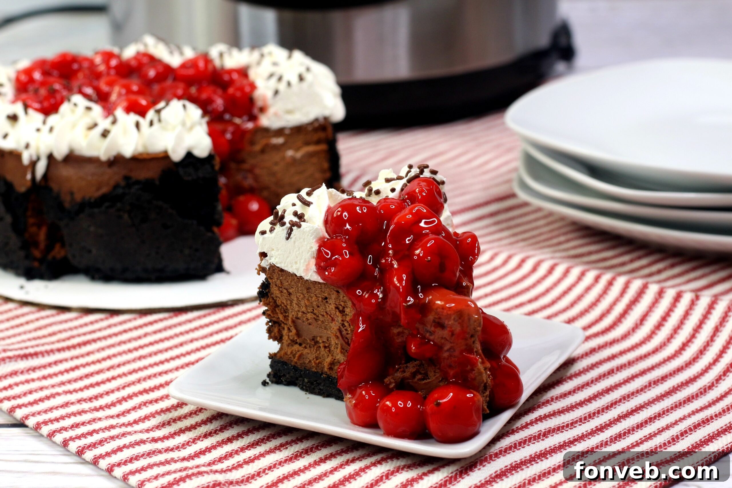 Close-up of the Black Forest Chocolate Cheesecake before the final toppings are added