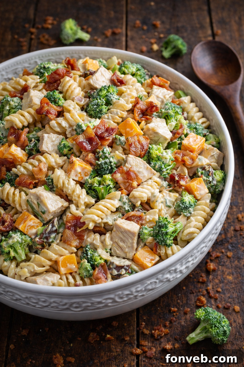 Chicken Bacon Broccoli Pasta Salad in a big pretty white designed bowl