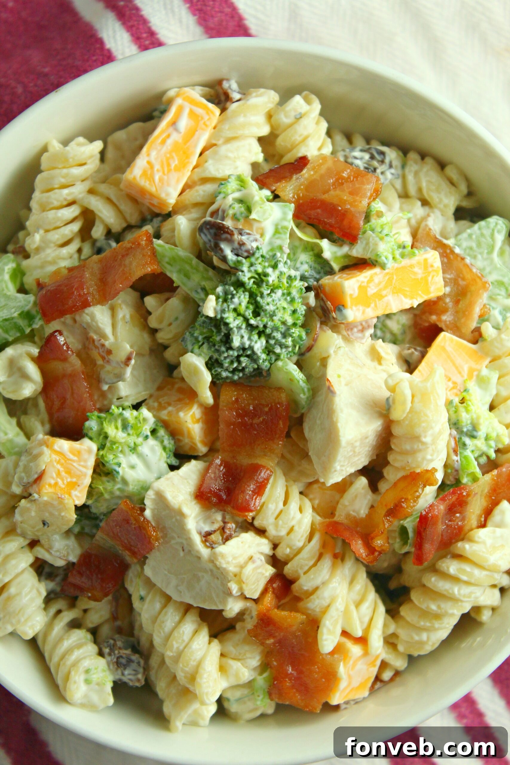 Chicken Bacon Broccoli Pasta Salad in a big pretty white designed bowl