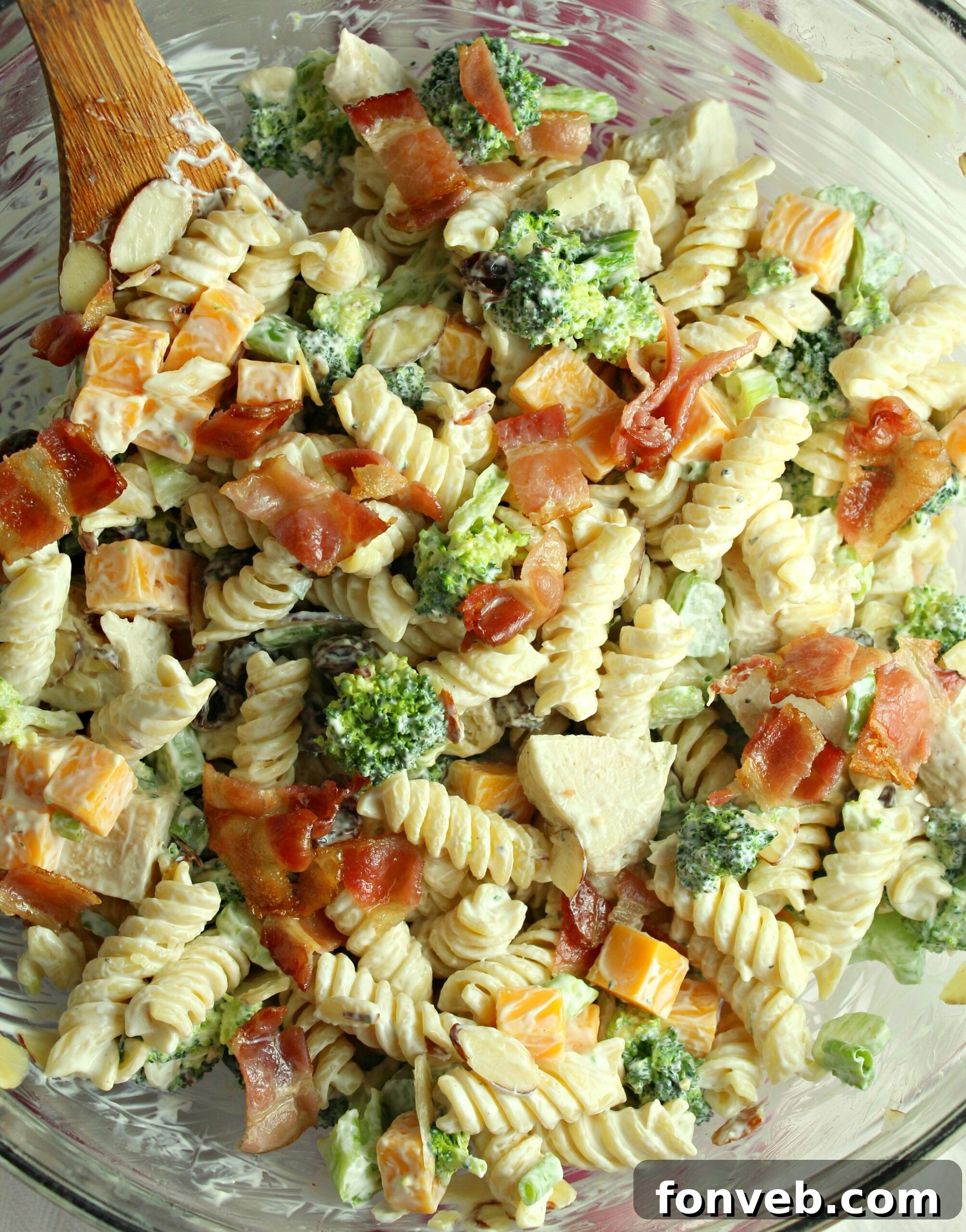 Chicken Bacon Broccoli Pasta Salad closeup in a white bowl