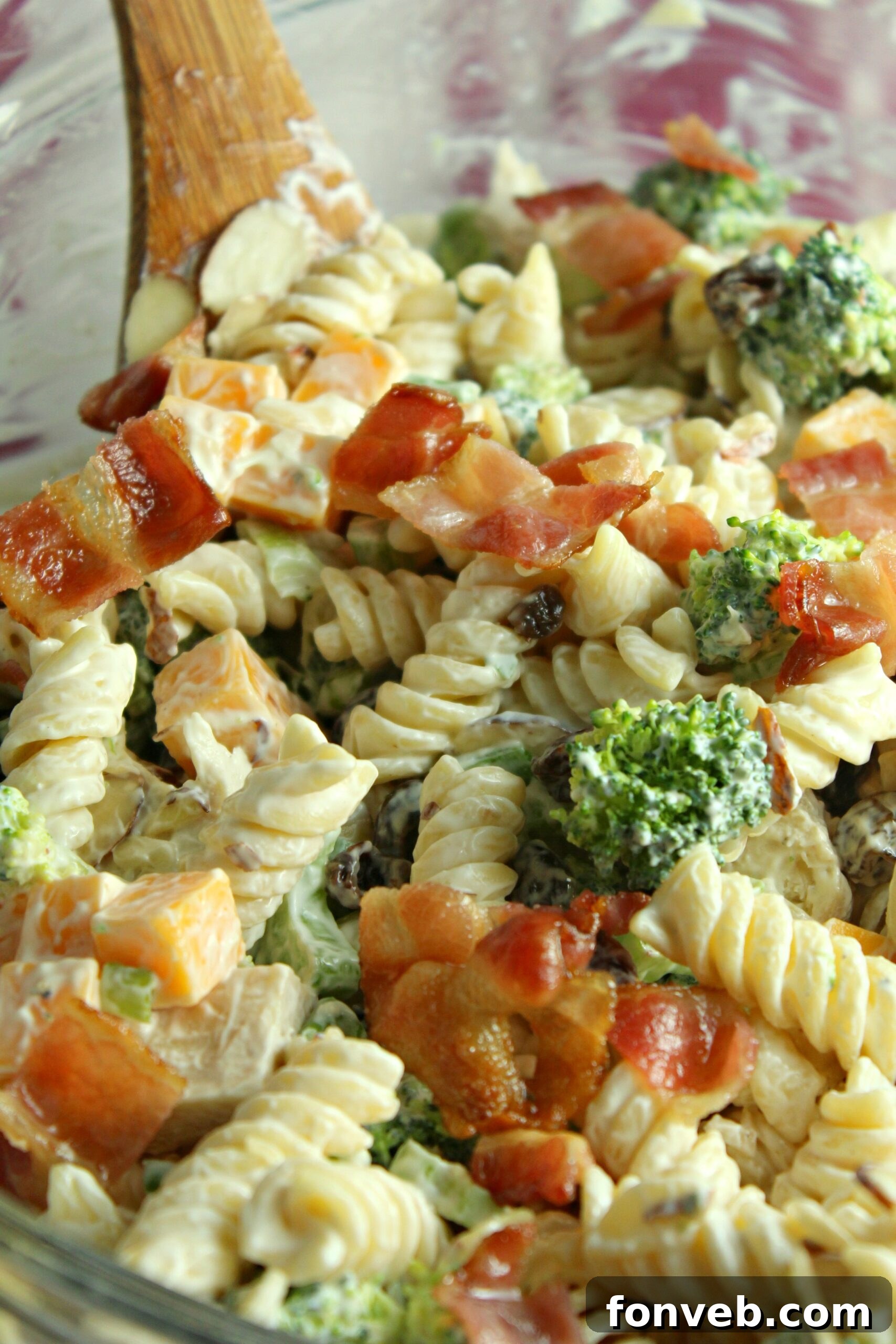 Chicken Bacon Broccoli Pasta Salad in a big pretty clear bowl