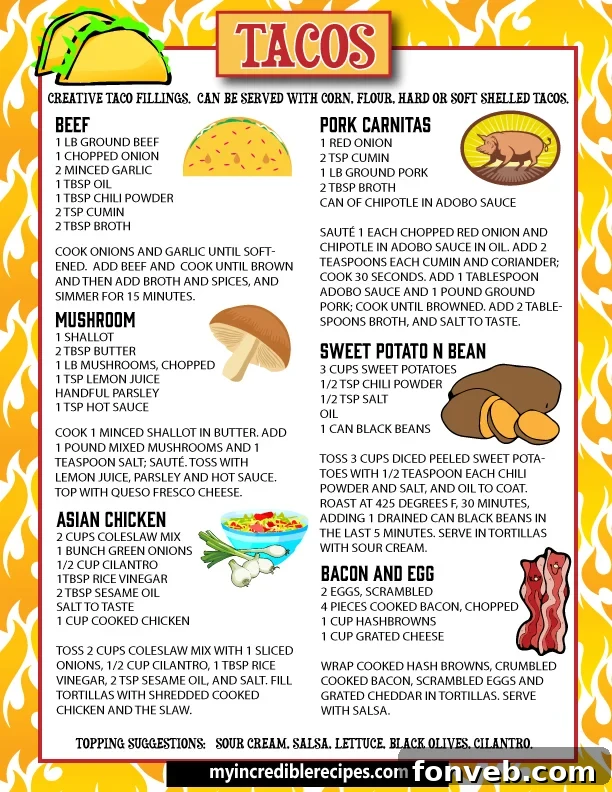 Assorted homemade tacos with various fillings and toppings, ready to be served on a rustic wooden board.