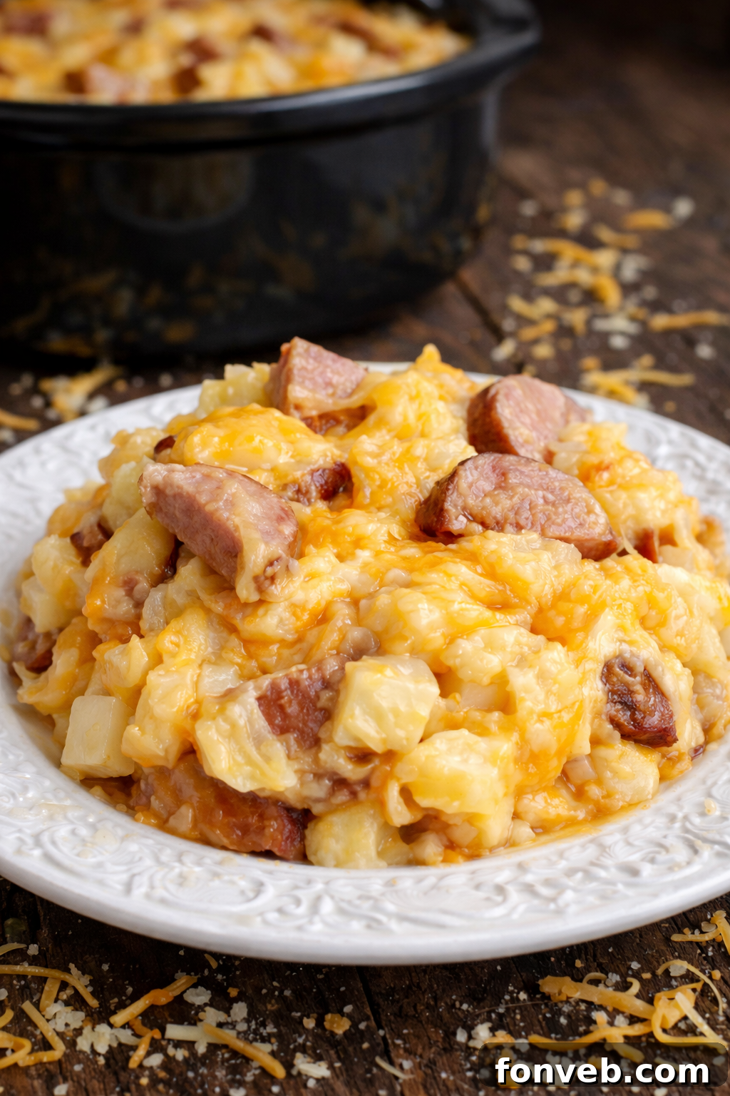 Delicious Slow Cooker Cheesy Kielbasa Hashbrown Casserole, ready to serve.