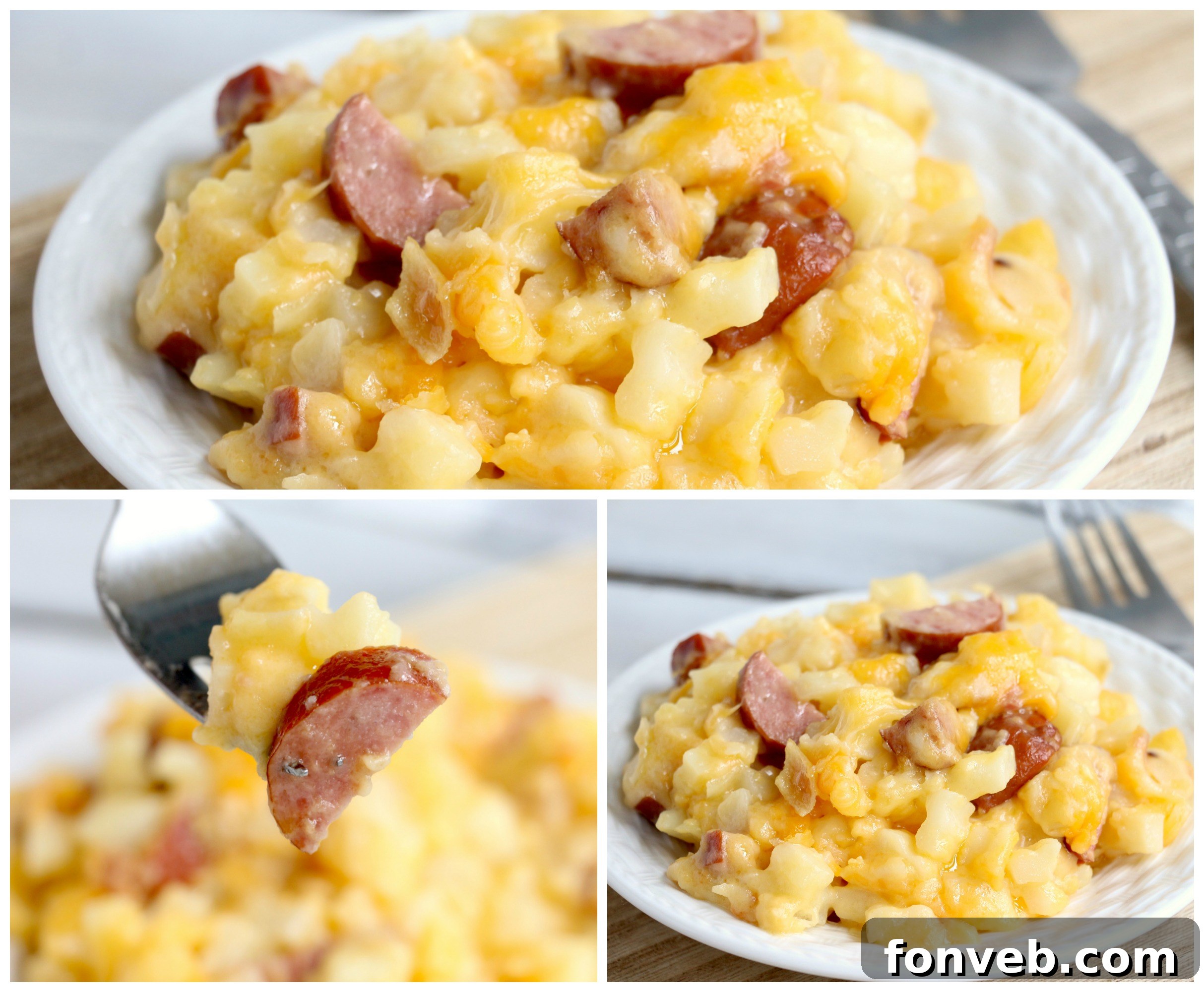 A final beauty shot of the Slow Cooker Cheesy Kielbasa Hashbrown Casserole, showcasing its rich texture and delicious appeal.