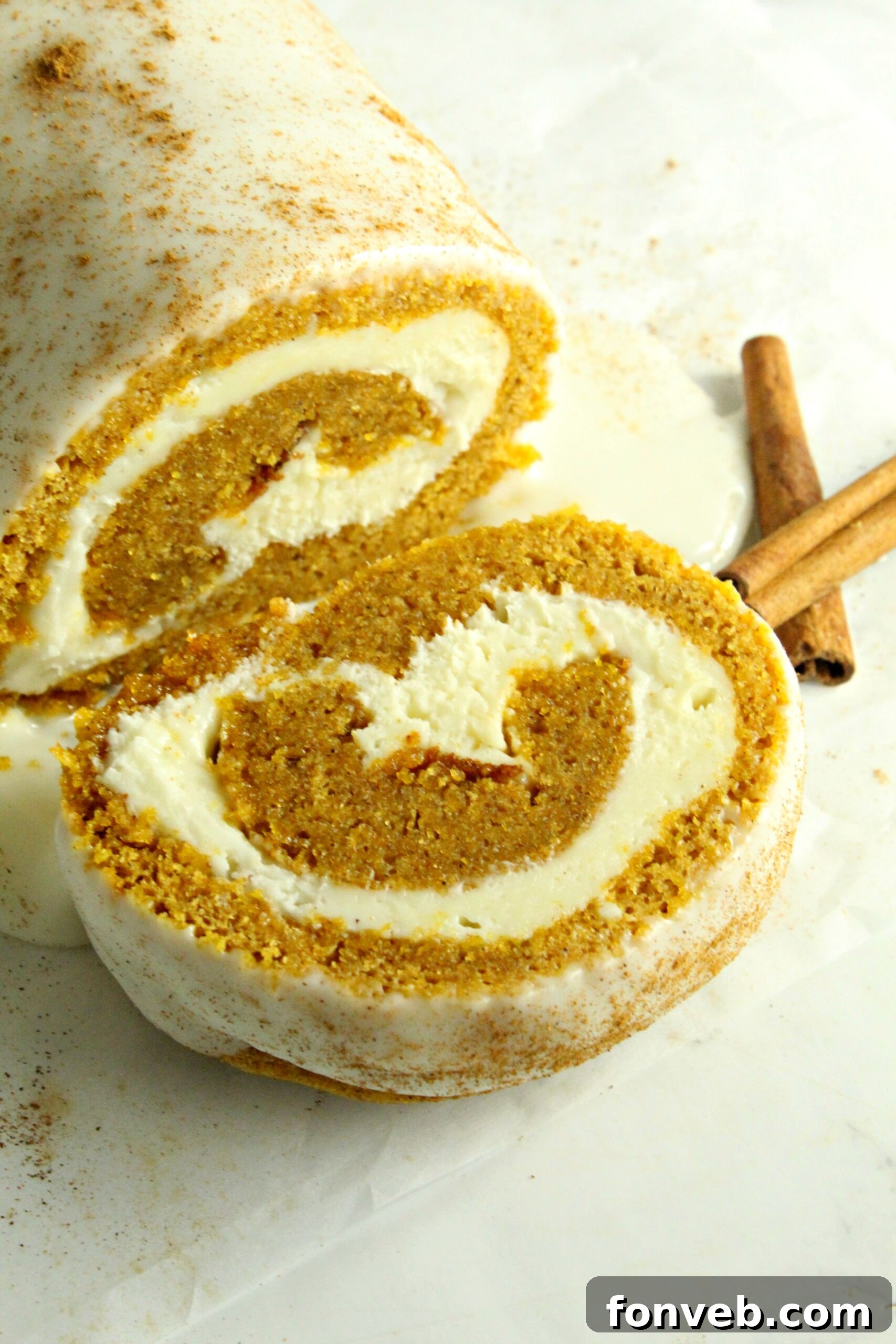 Another view of the pumpkin cake roll, highlighting its inviting texture.