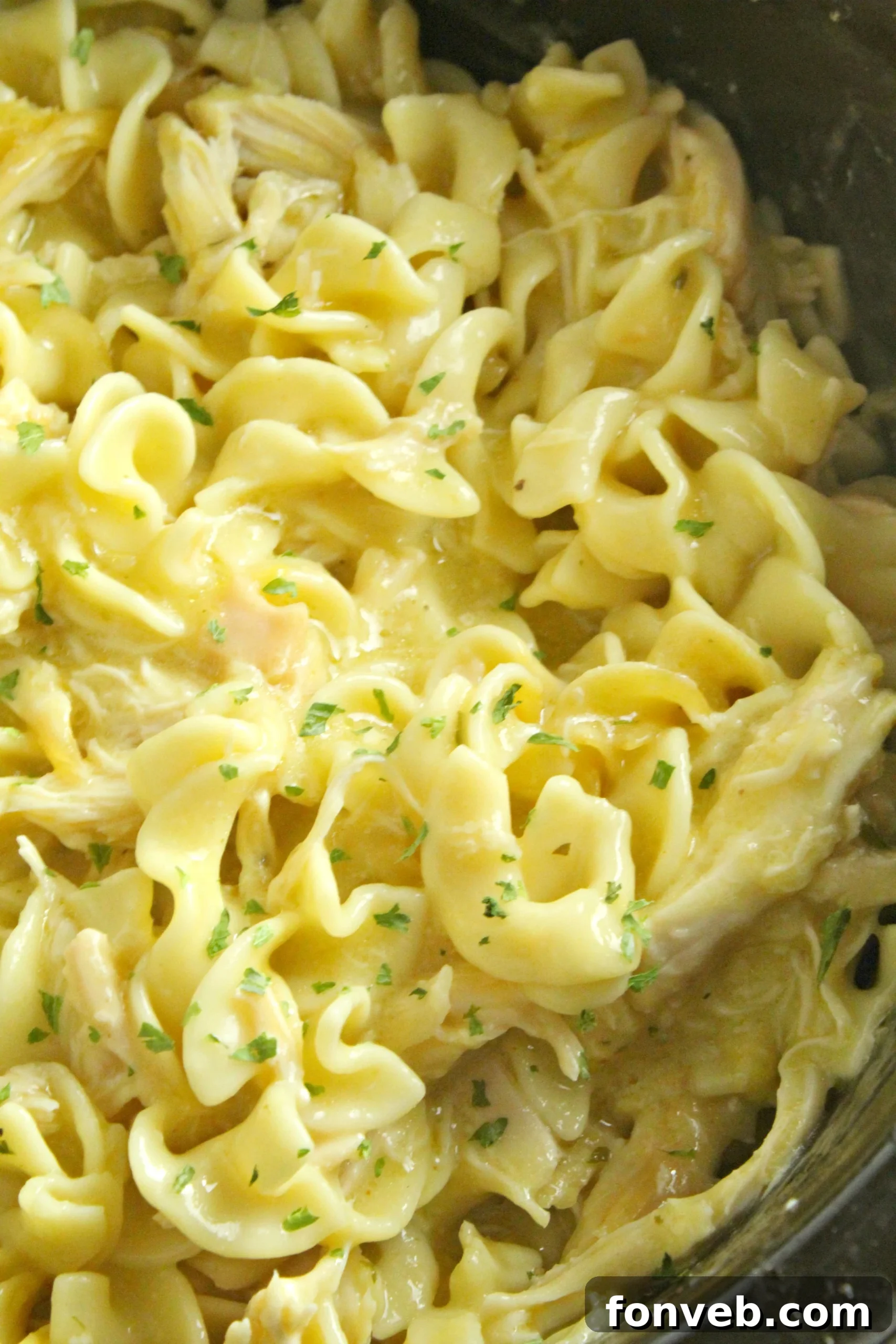 Overhead shot of Slow Cooker Chicken and Noodles, emphasizing the creamy texture and generous chicken pieces.