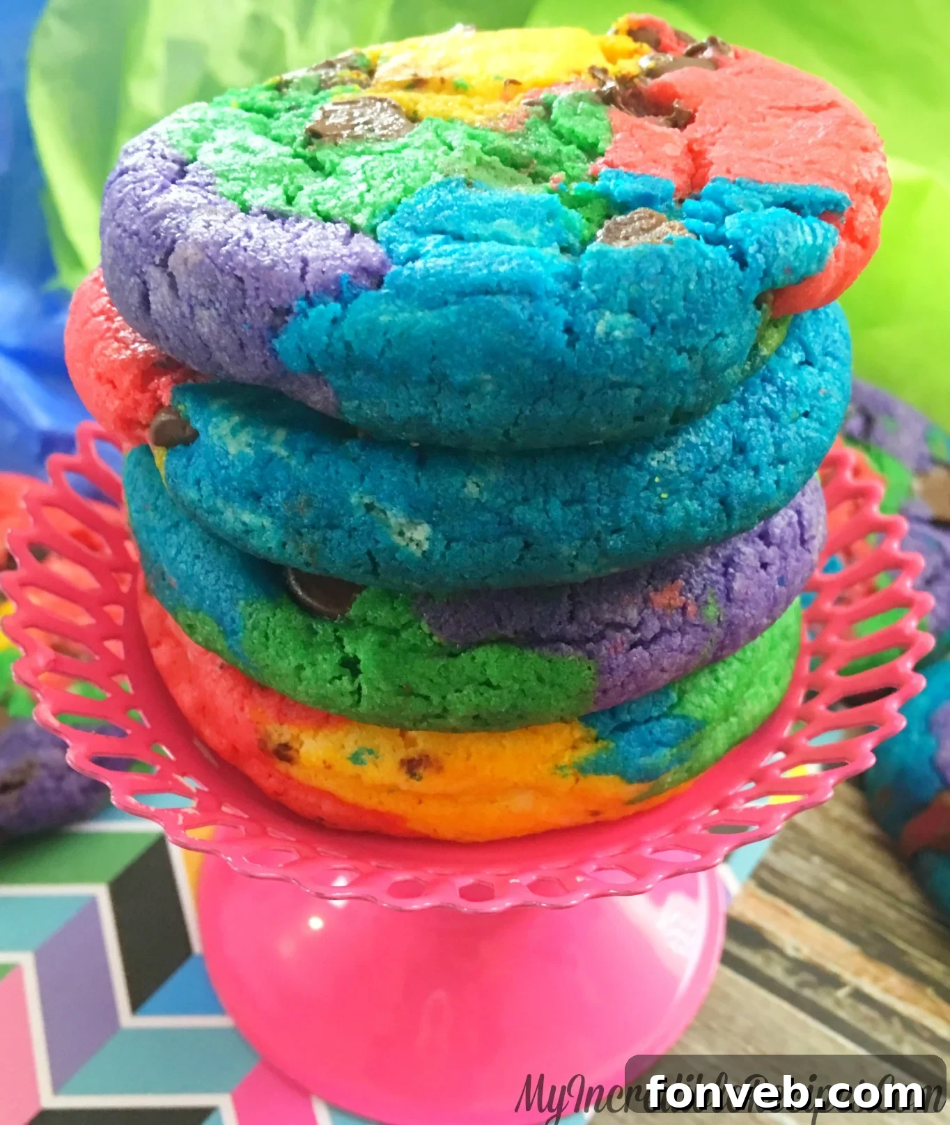 Handcrafted Rainbow Chocolate Chip Cookies 2 Vibrant homemade rainbow chocolate chip cookies on a baking tray