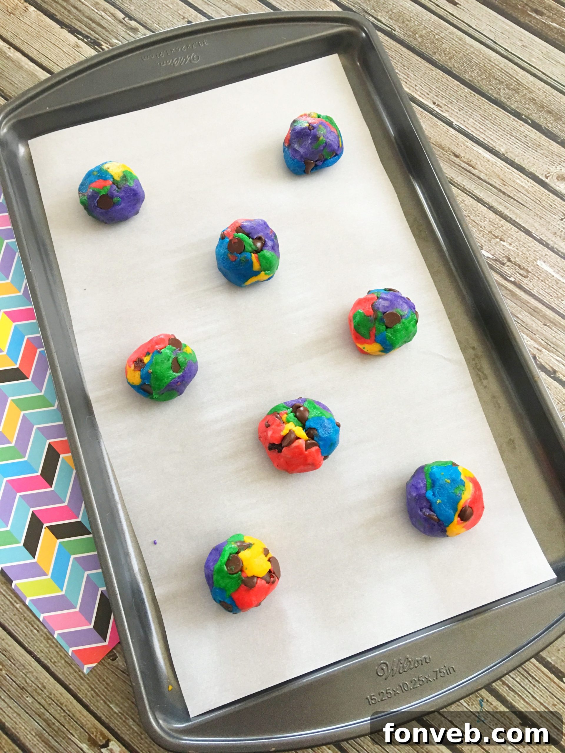 Handcrafted Rainbow Chocolate Chip Cookies 6 Thick, soft-baked rainbow chocolate chip cookie stack