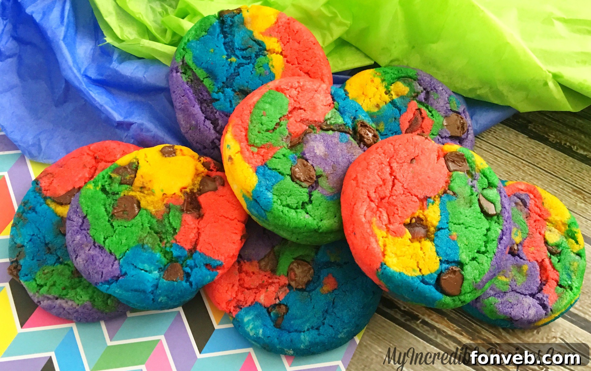 Handcrafted Rainbow Chocolate Chip Cookies 8 Assortment of rainbow cookies arranged beautifully on a plate