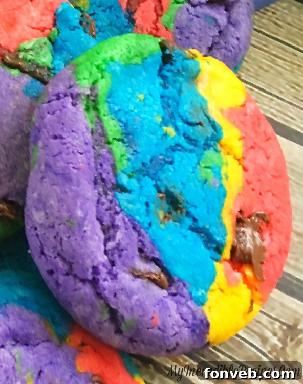 Handcrafted Rainbow Chocolate Chip Cookies 9 Close-up of a single rainbow cookie showcasing its vibrant colors