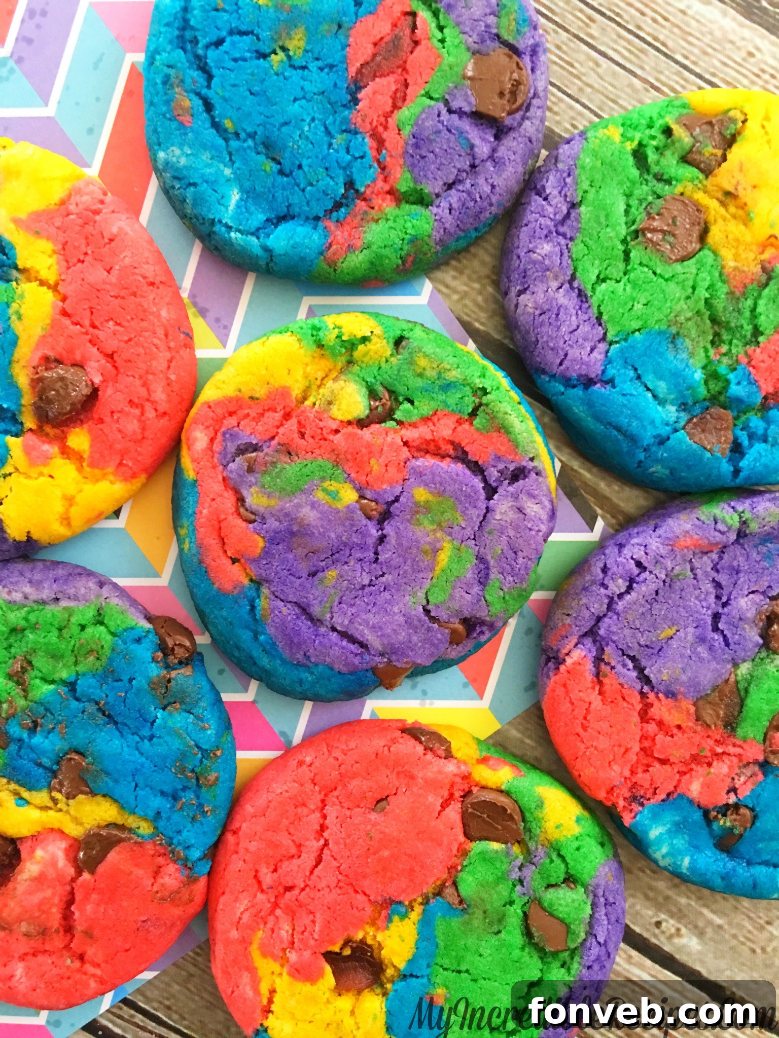 Handcrafted Rainbow Chocolate Chip Cookies 10 Rainbow cookies presented for a birthday party or gathering