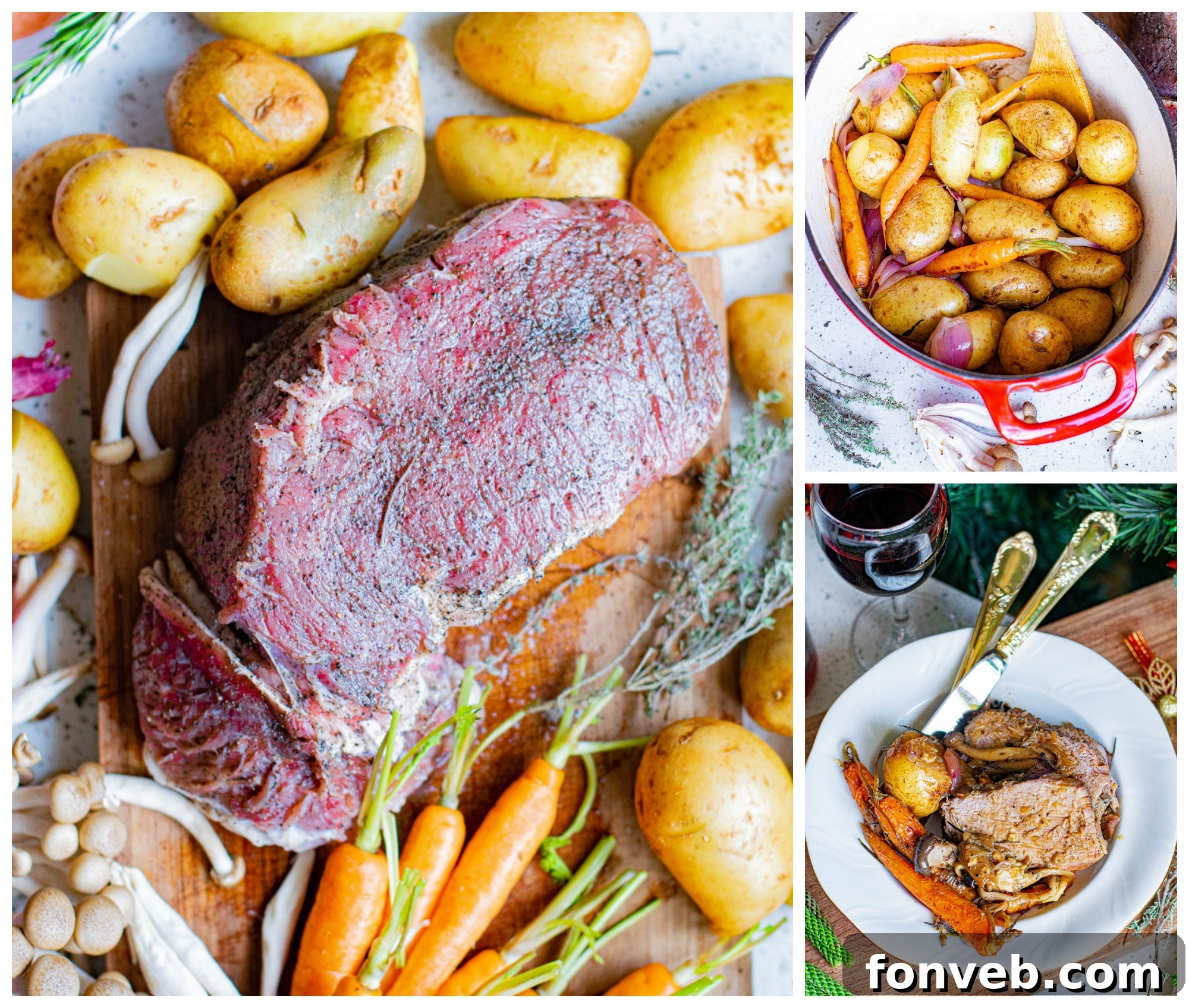 Close-up of a pot roast with gravy, potatoes, and vegetables in a serving dish.