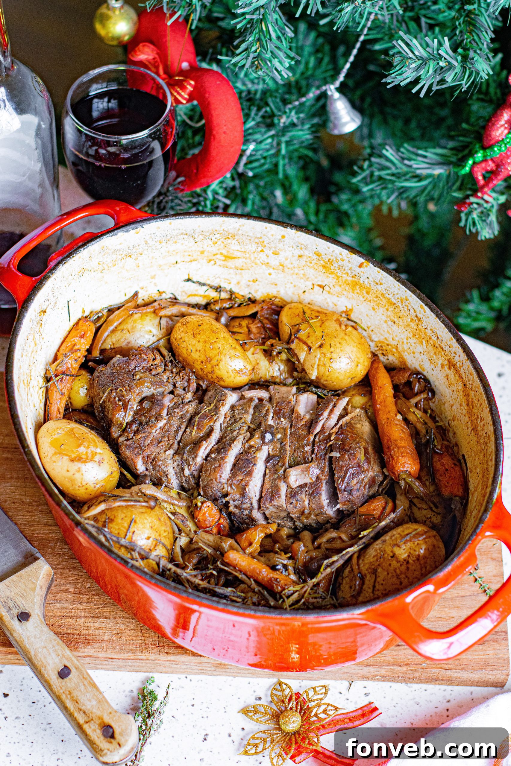 Close-up of a rustic pot roast meal served in a bowl, showcasing the tender meat and vegetables.