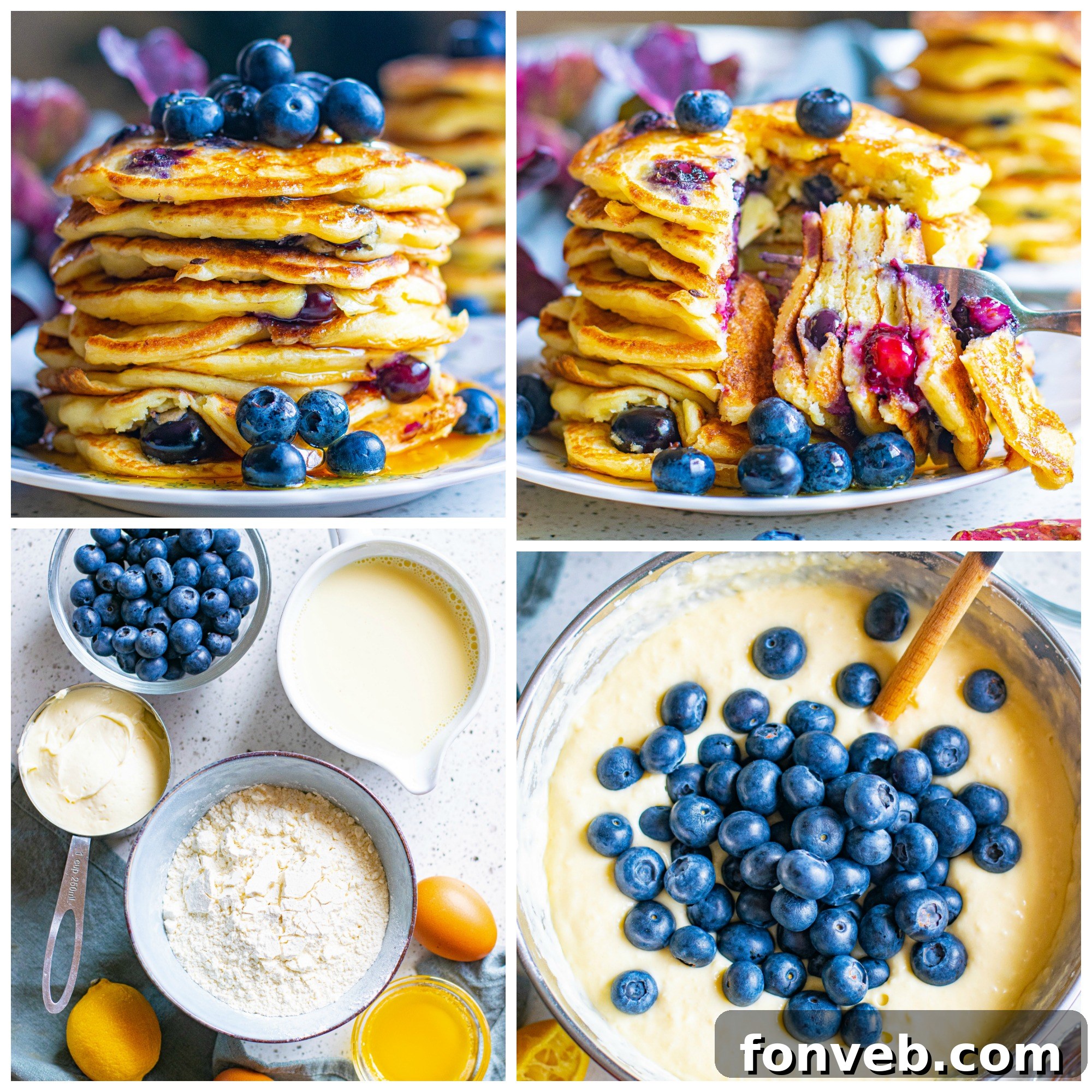 Close-up shot of two golden-brown blueberry cream cheese pancakes on a white plate, showcasing their fluffy texture and visible blueberries.