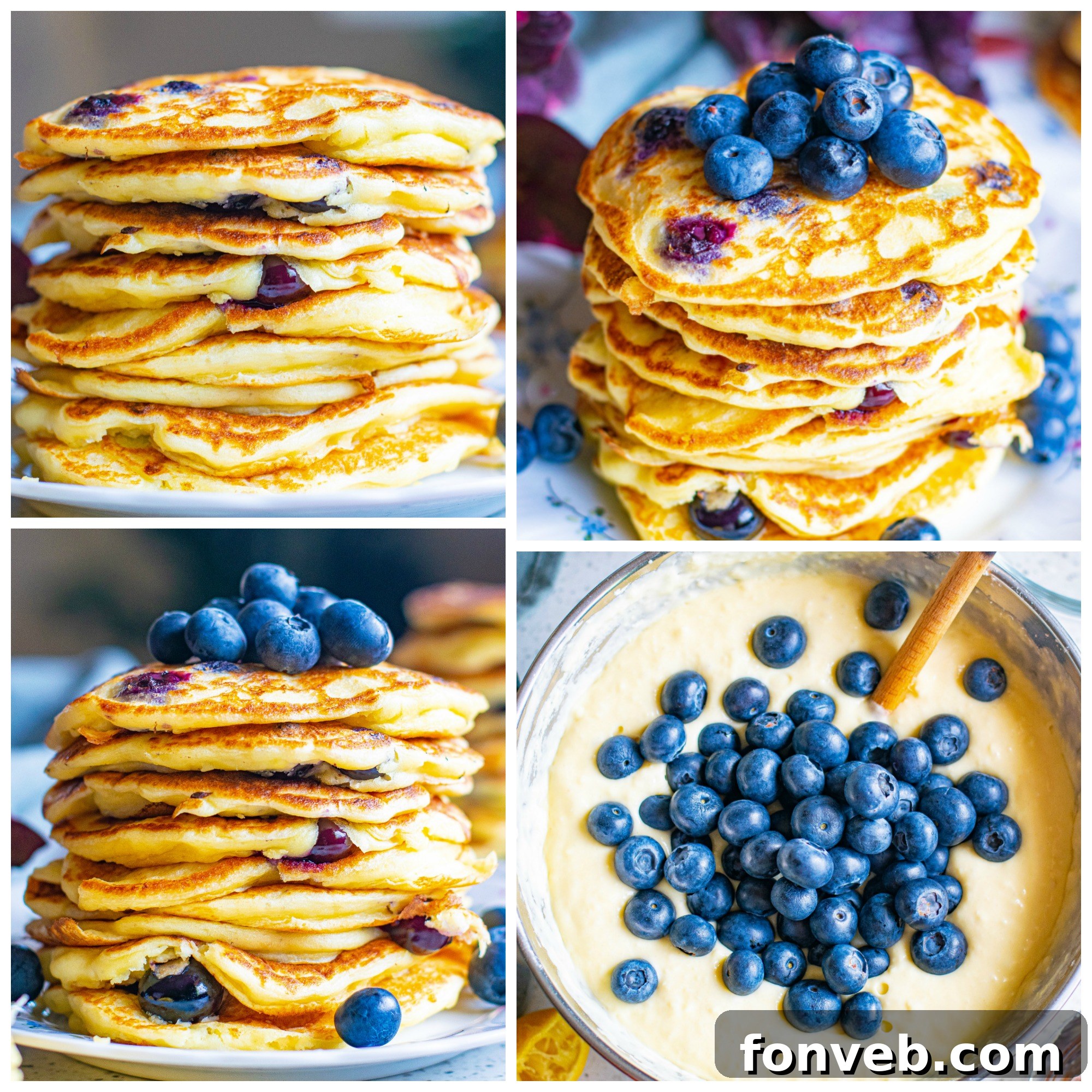 An overhead shot showcasing two perfectly cooked blueberry cream cheese pancakes on a white plate, garnished with fresh blueberries.
