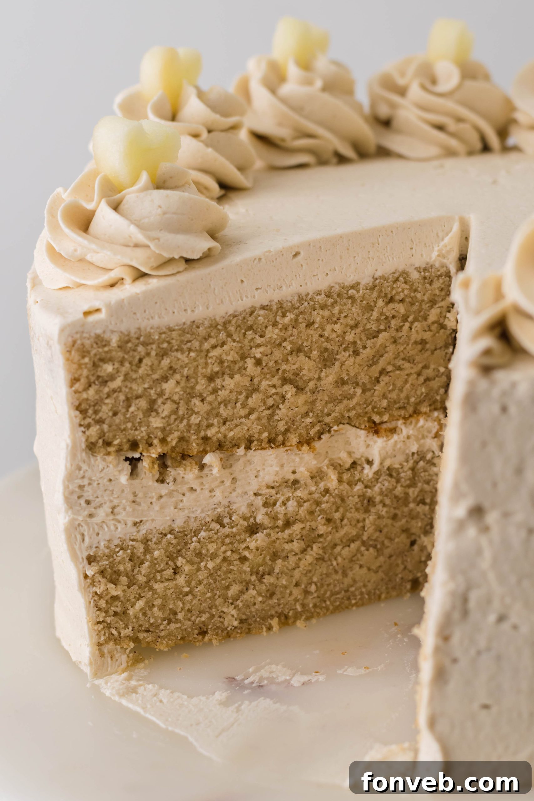 Spiced Apple Cider Cake with Caramel Frosting 2 Delicious Apple Cider Cake with Brown Sugar Buttercream Frosting on a wooden board.