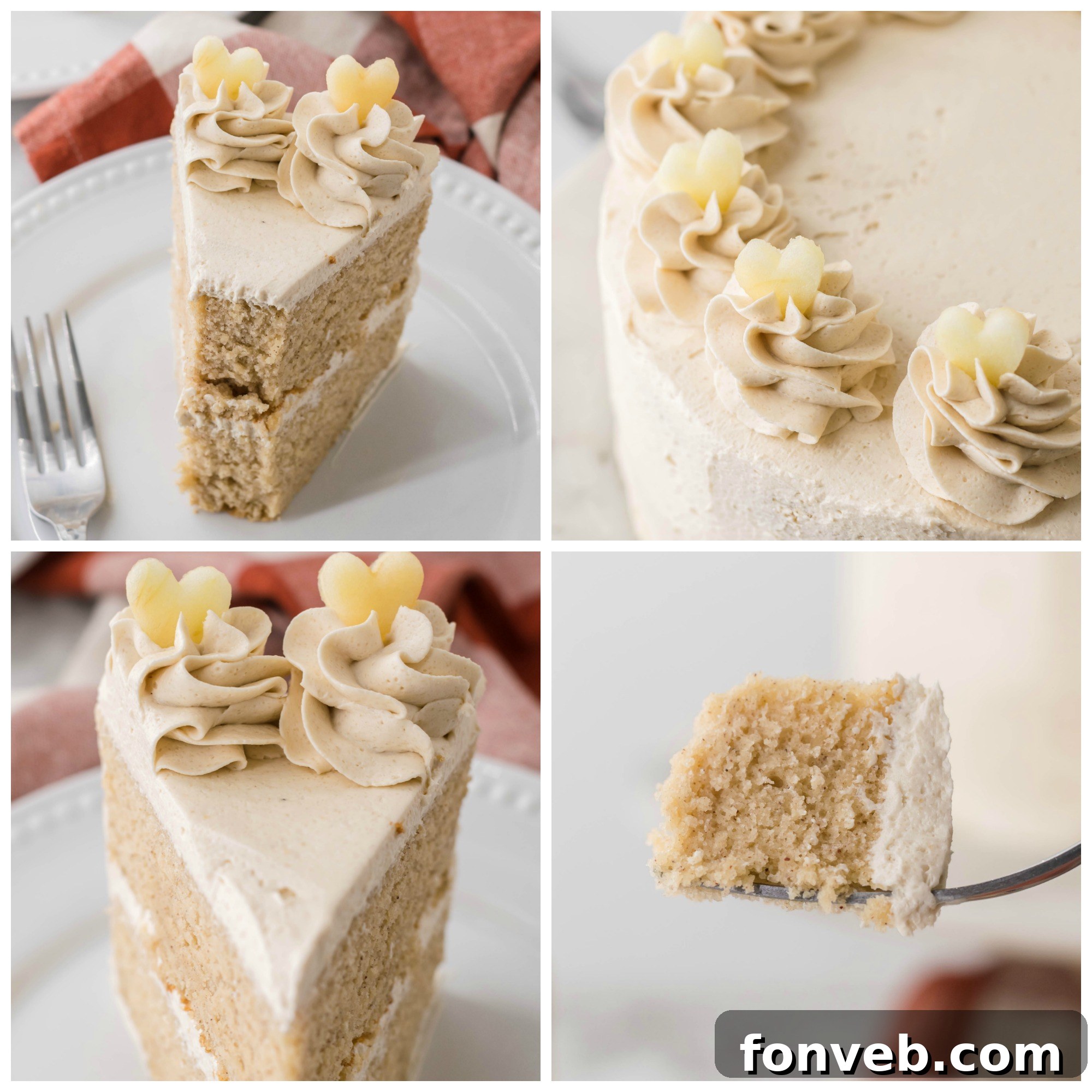 Spiced Apple Cider Cake with Caramel Frosting 3 Close-up of a slice of Apple Cider Cake showing moist layers and frosting.