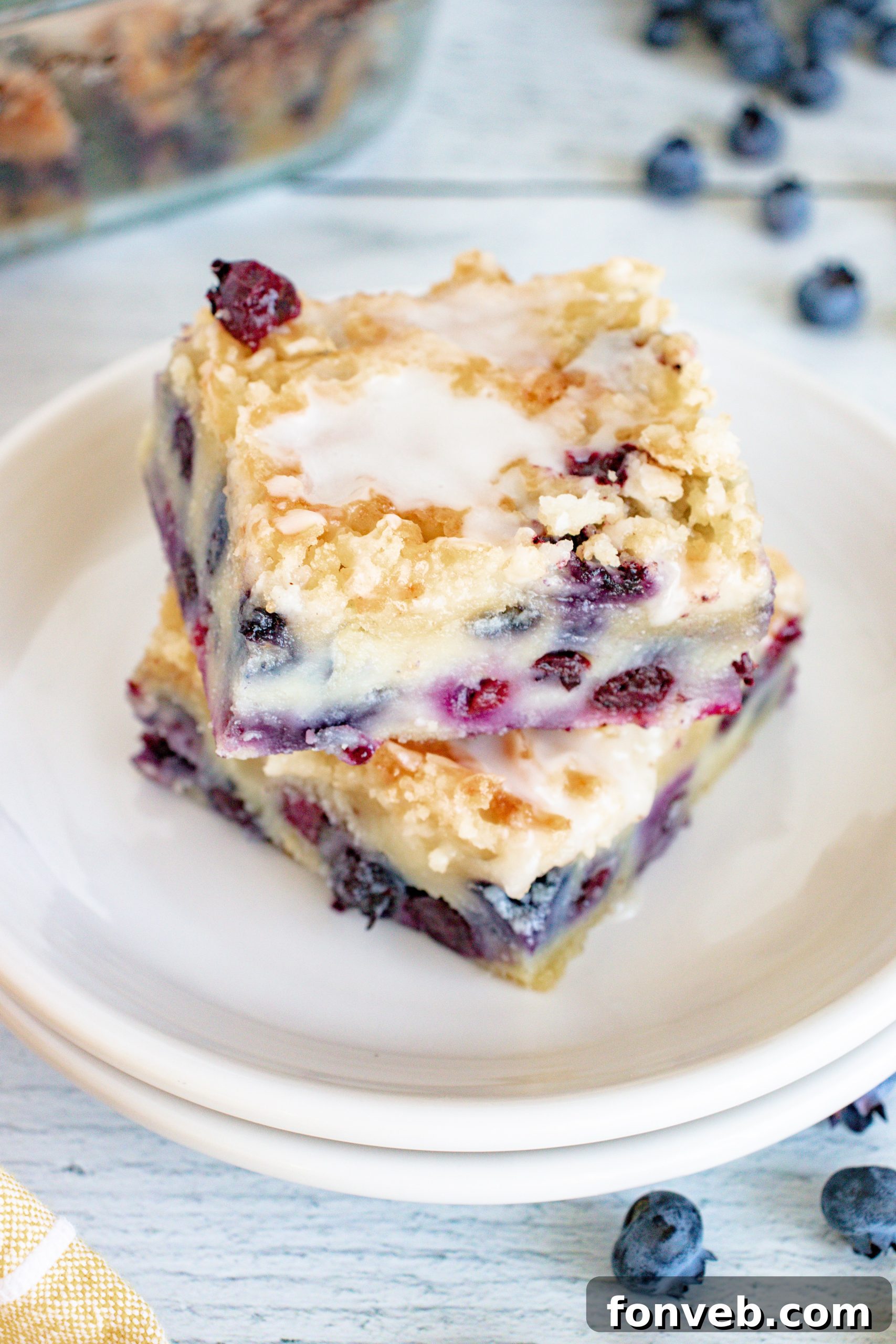 Blueberry Muffin Crumble Cake with Vanilla Drizzle 7 Close-up of the streusel topping on the blueberry muffin cake.