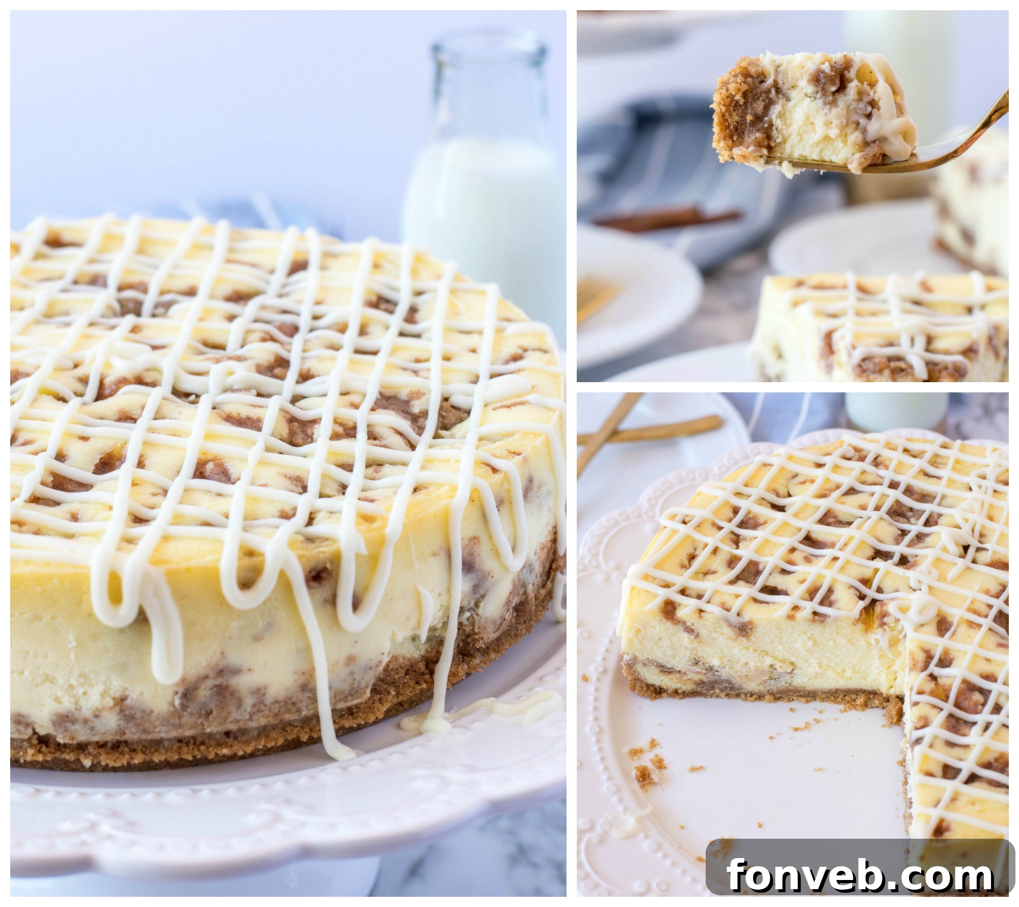 A decadent Cinnamon Roll Cheesecake on a marble surface, perfectly baked and awaiting its final flourishes.