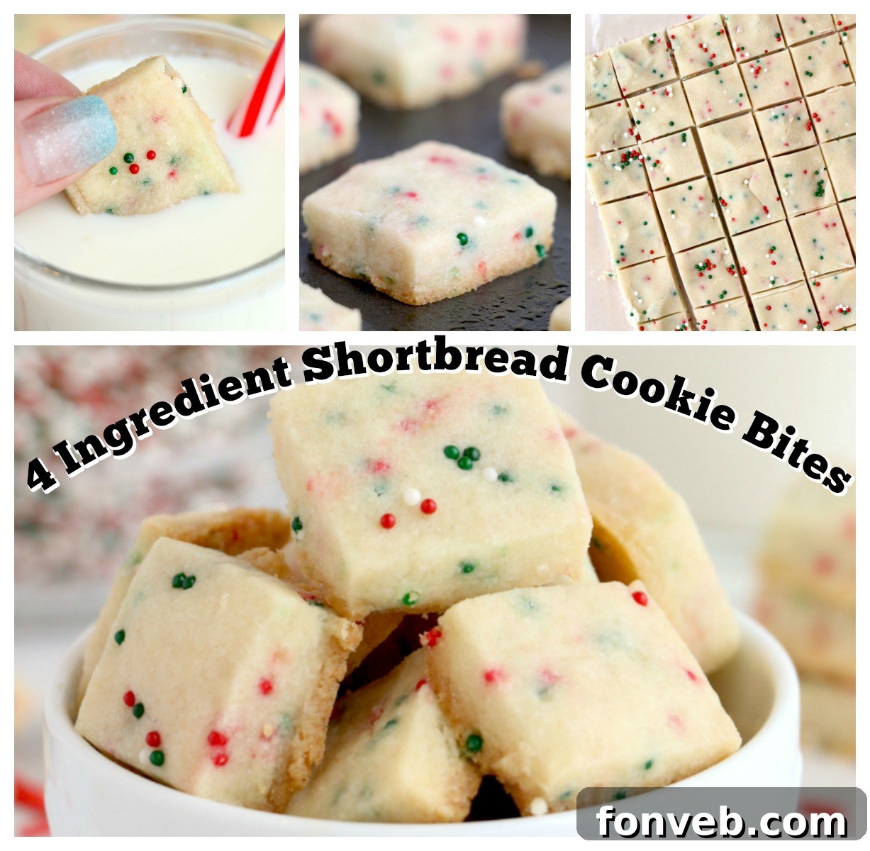 Four Ingredient Festive Shortbread Bites 3 A close-up of a stack of Christmas Shortbread Cookie Bites, showcasing their perfect texture and colorful sprinkles, ready to be enjoyed.