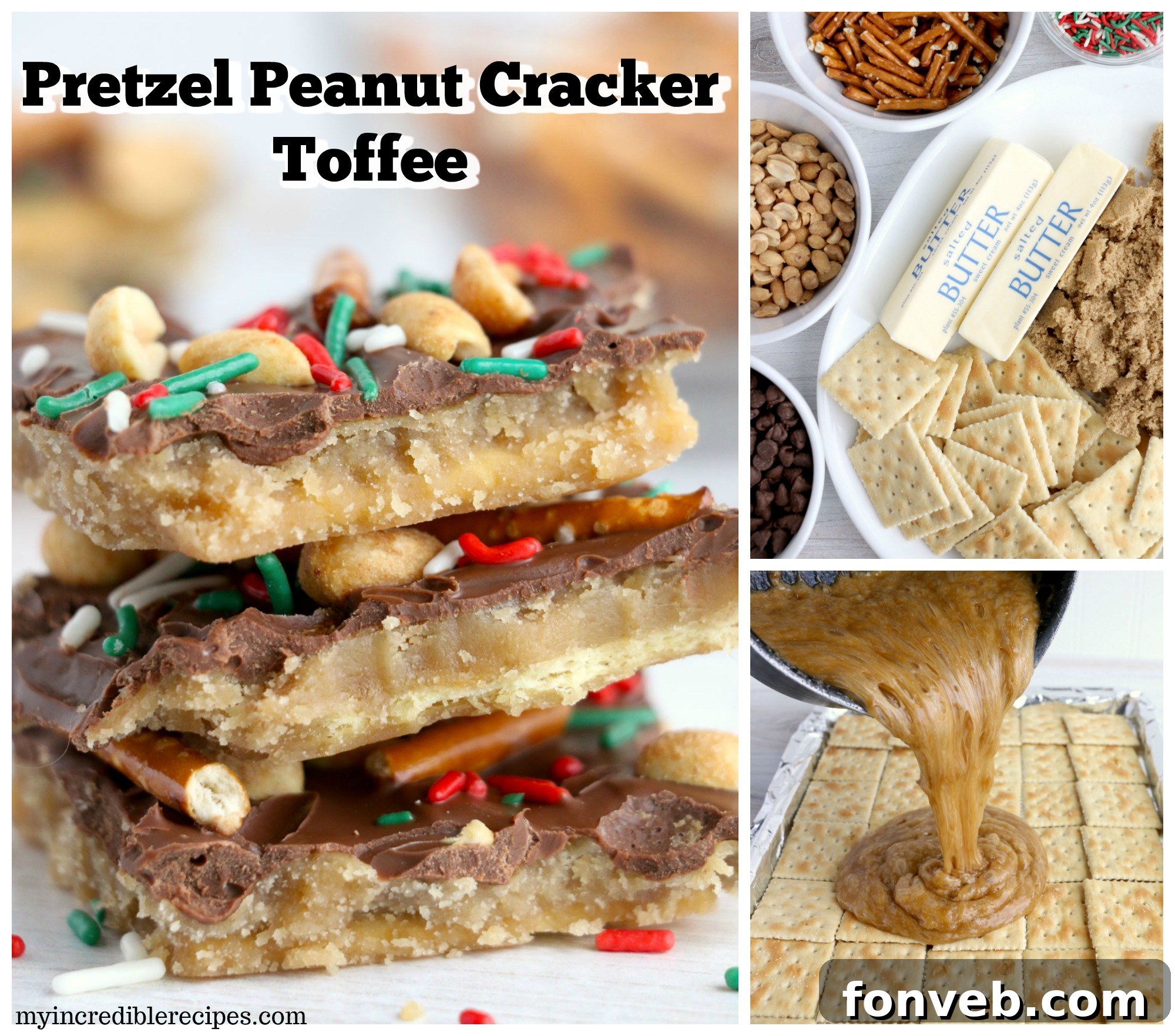 Toffee Pretzel Peanut Bark 3 Assorted Pretzel Peanut Cracker Toffee pieces with various festive sprinkles, presented on a rustic wooden board.