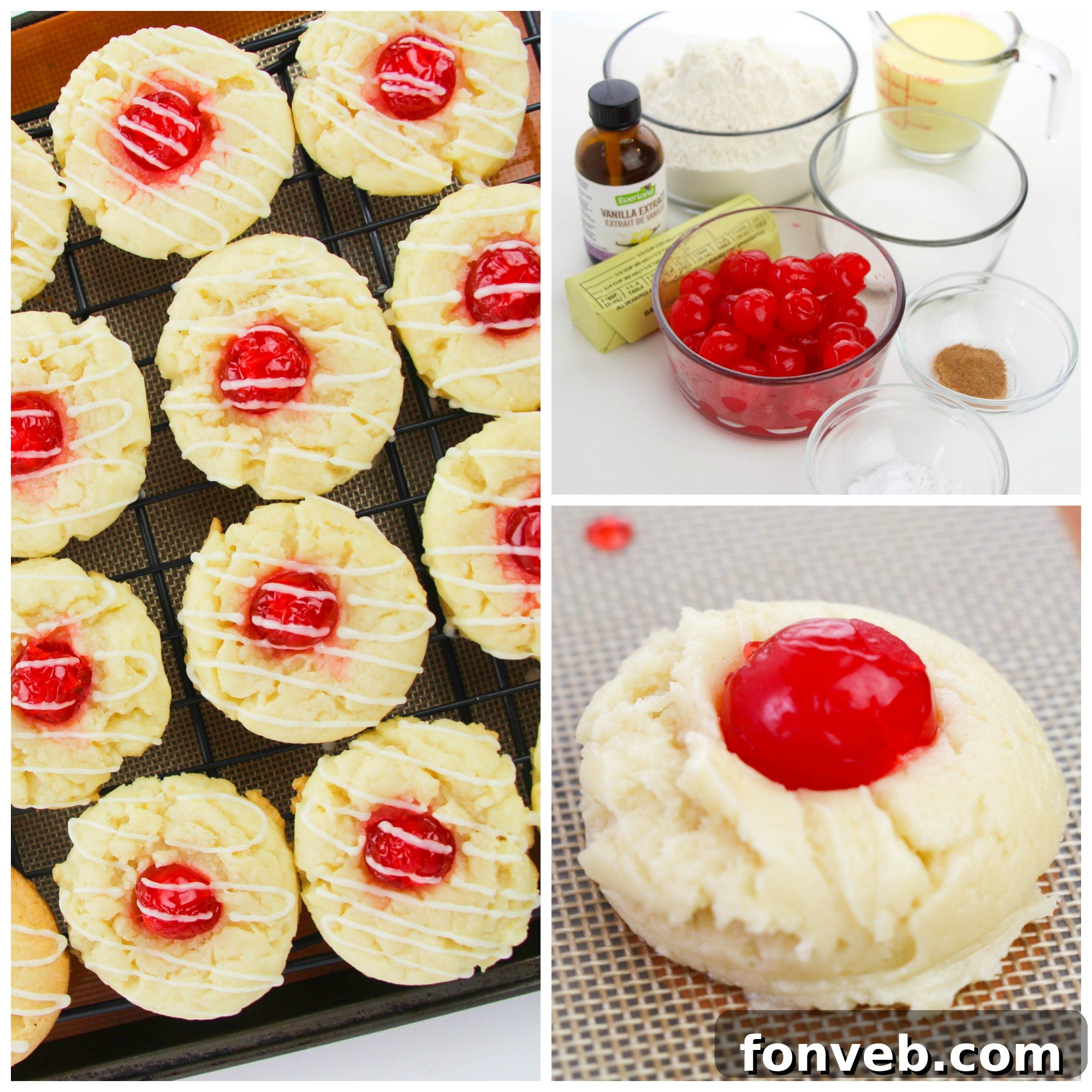 Close-up of Eggnog Thumbprint Cookies on a cooling rack, showcasing their soft texture and cherry centers