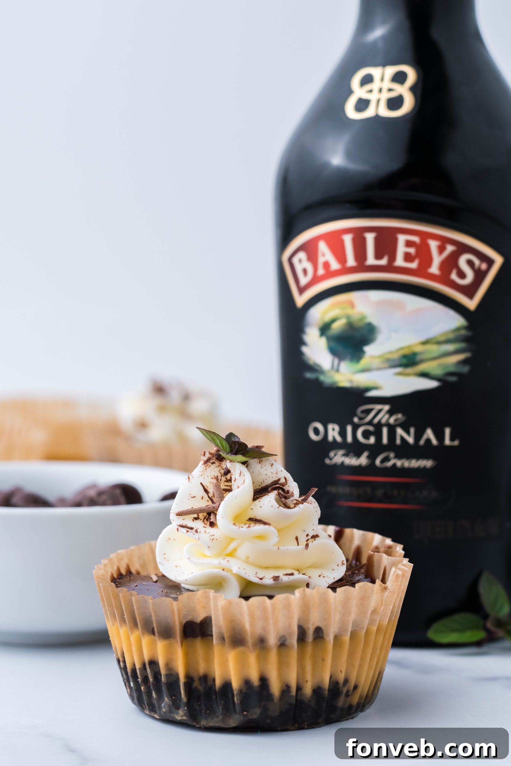 Top-down view of mini cheesecakes with glossy chocolate ganache topping and some decorative sprinkles