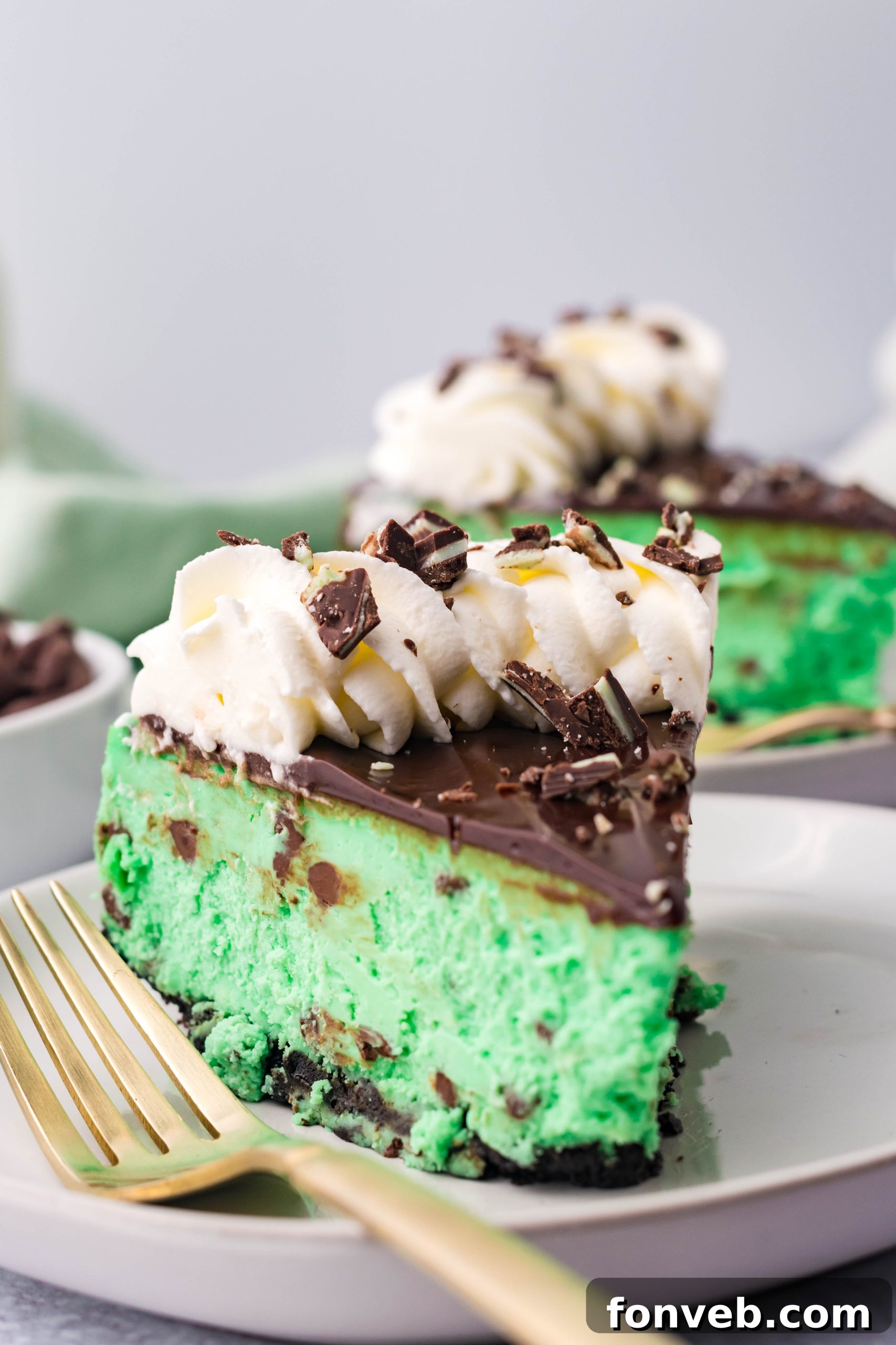 Another perspective of the creamy Grasshopper Cheesecake filling