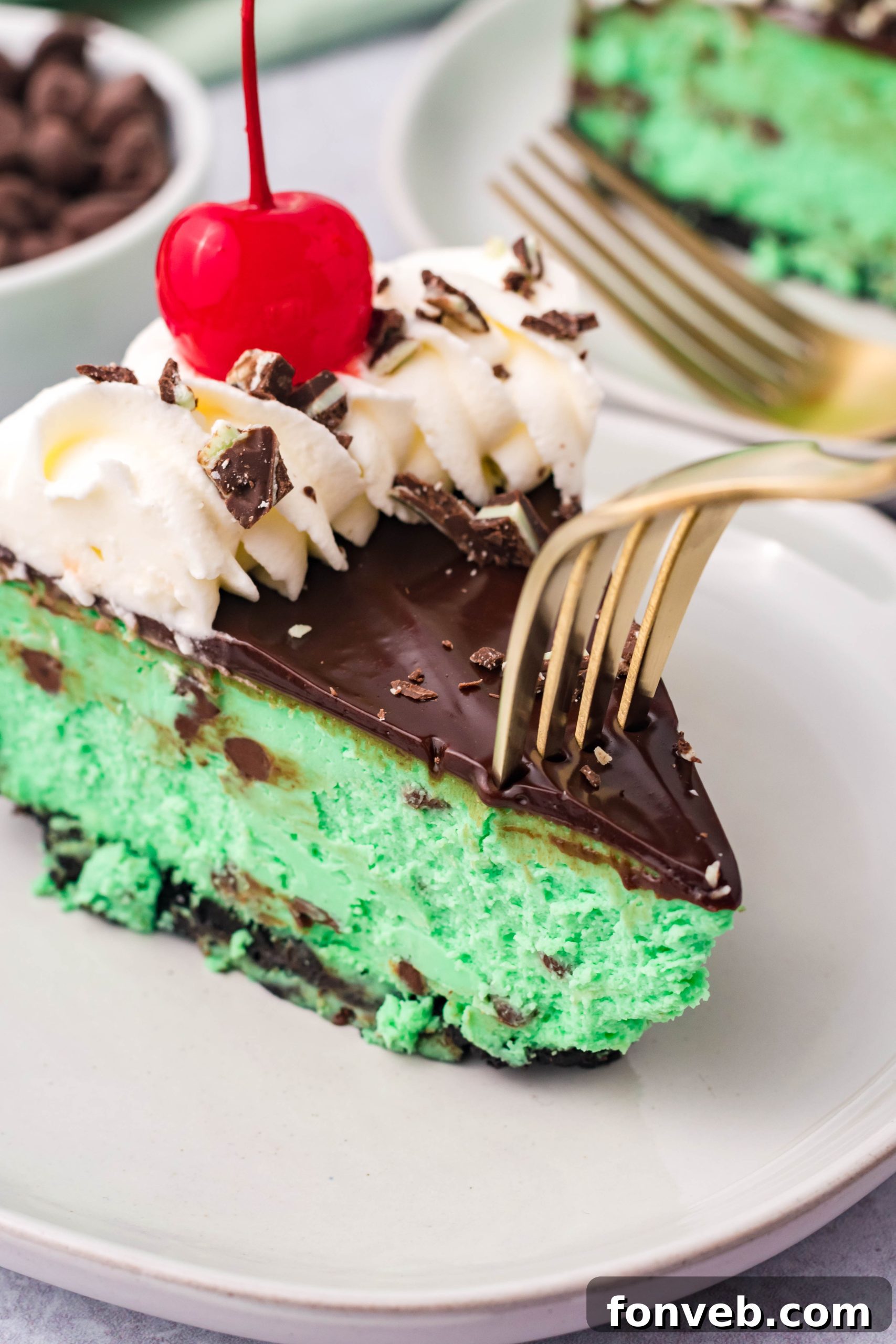 The smooth, green cheesecake batter with mini chocolate chips