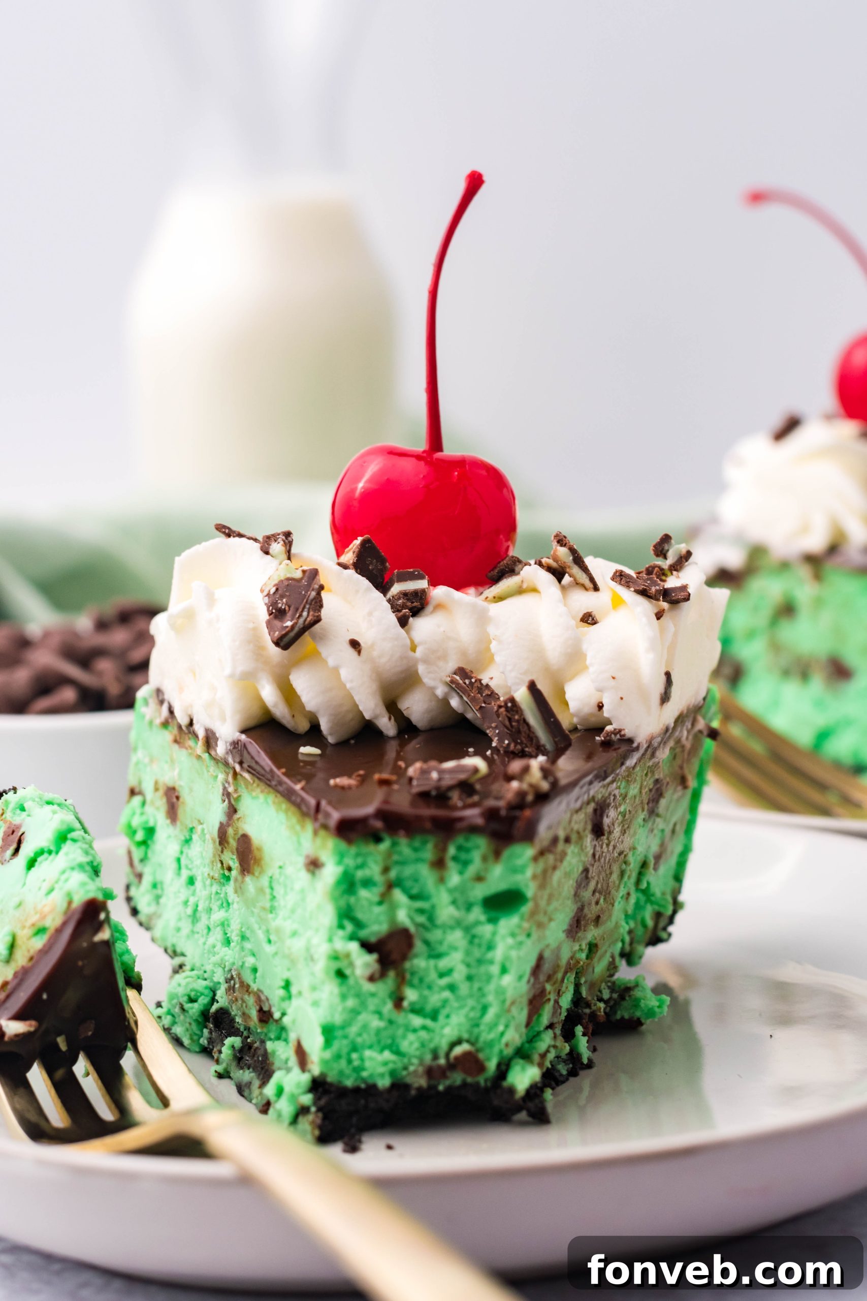 The baked Grasshopper Cheesecake, perfectly golden and set