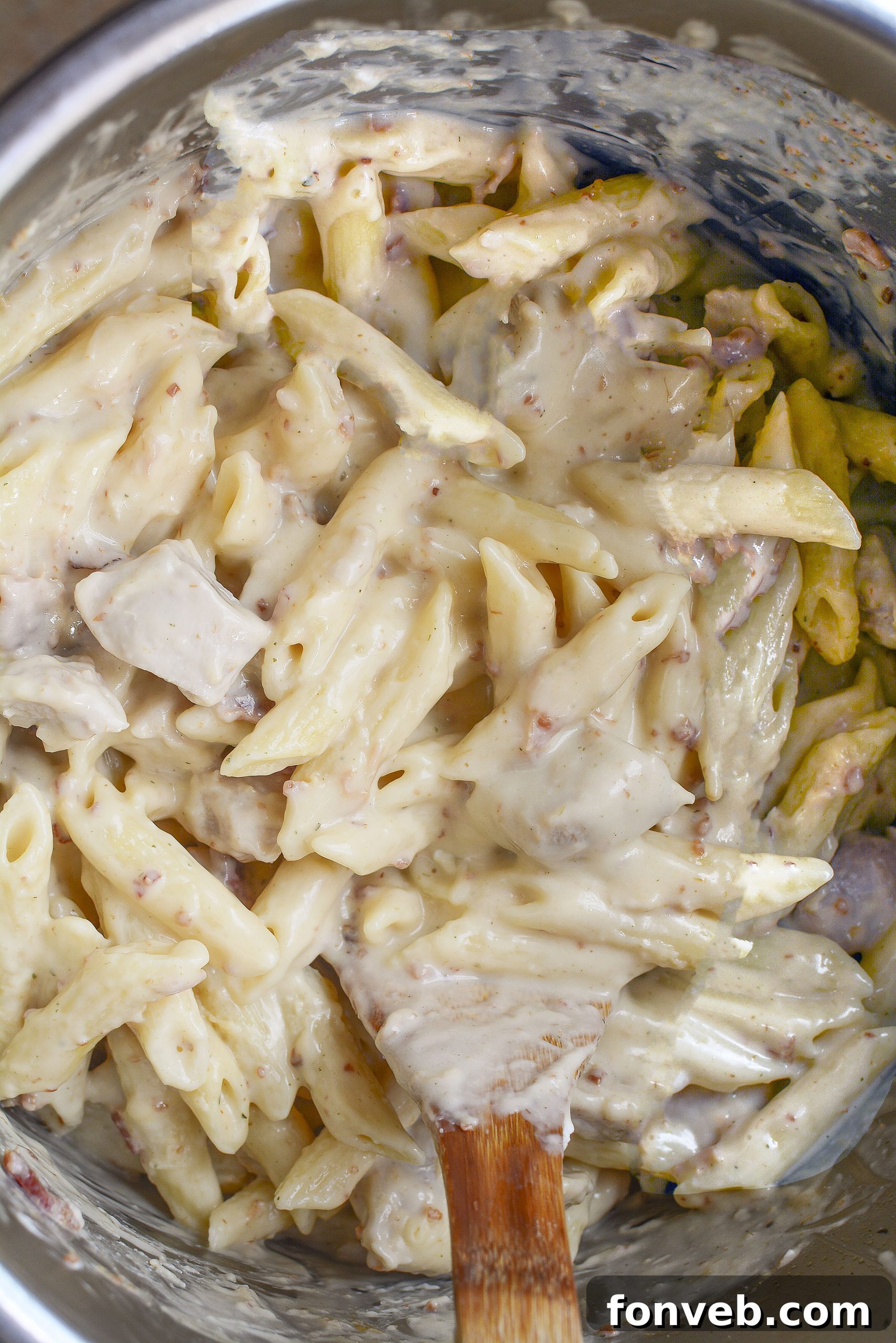 Close-up of the creamy, cheesy Instant Pot Crack Chicken Pasta, showcasing its rich texture.