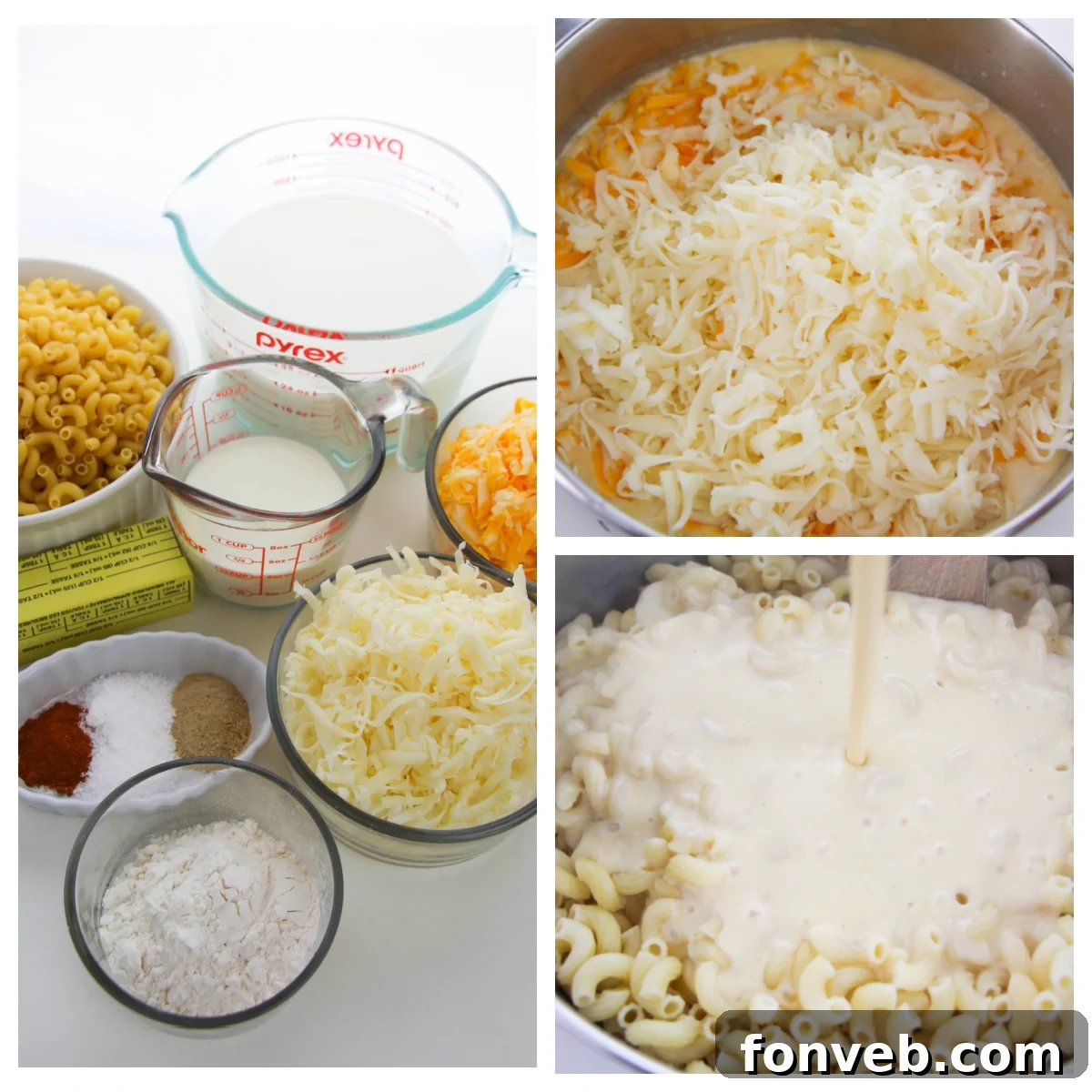 A selection of fresh ingredients laid out on a kitchen counter: pasta, butter, milk, cream, and a block of cheese